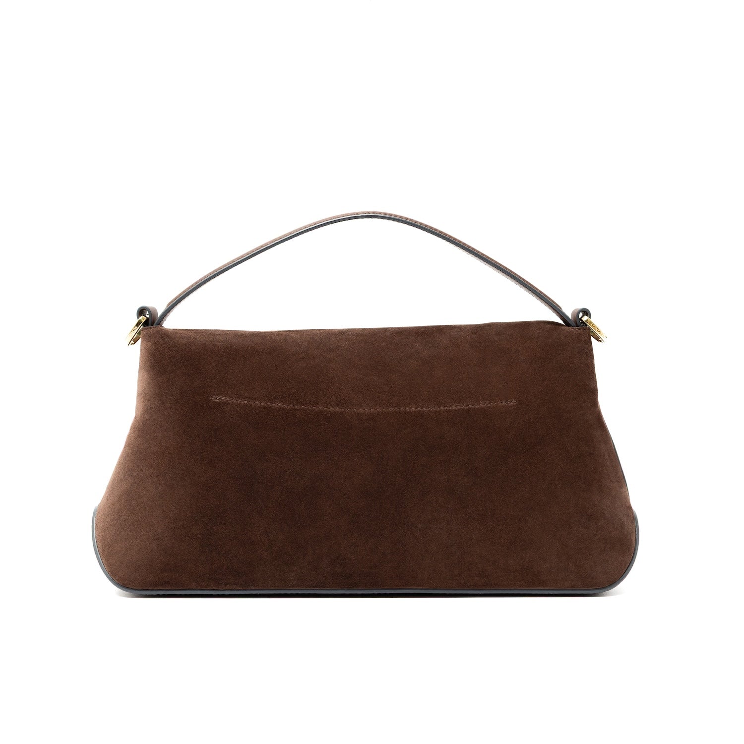 View of the back of STOW London's East West bag in Chocolate Suede leather featuring gold-coated stainless steel hardware on a white background
