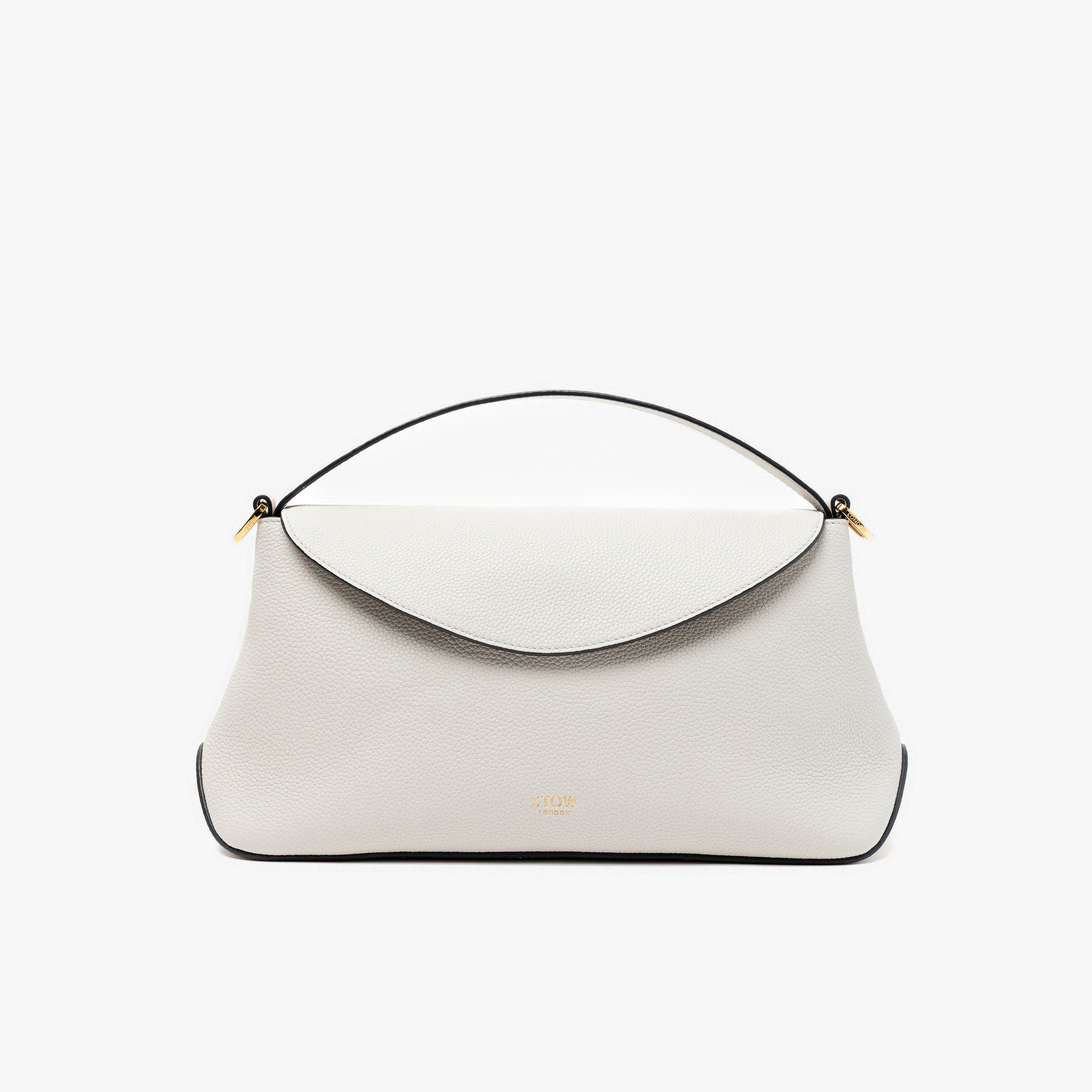 STOW London's East West in Cloud Grey pebbled leather featuring gold-coated stainless steel hardware on a light grey background