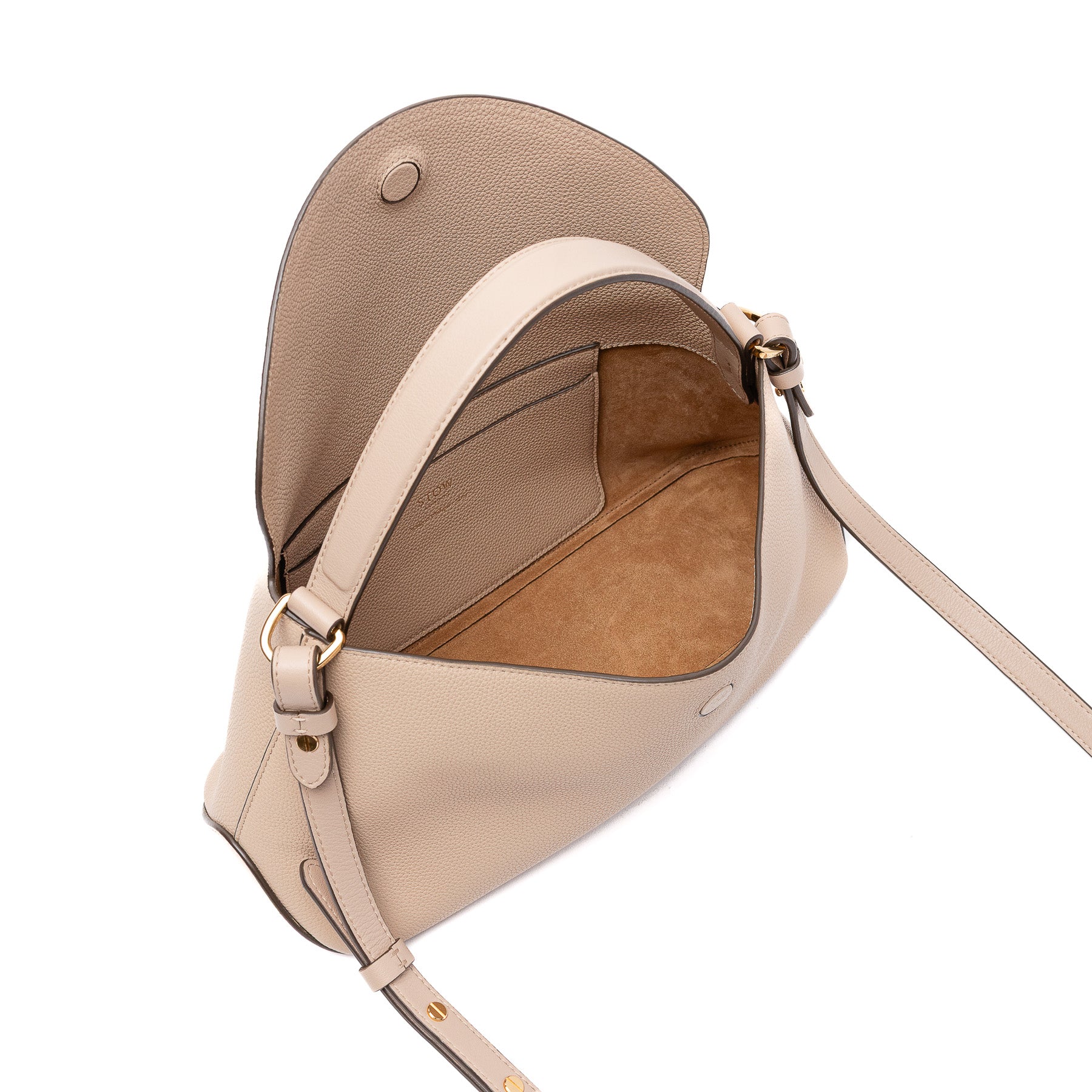 Top view of STOW London's East West in Camel pebbled and smooth leather with flap open showing interior card holder pocket and suede lining, featuring gold-coated stainless steel hardware on a white background