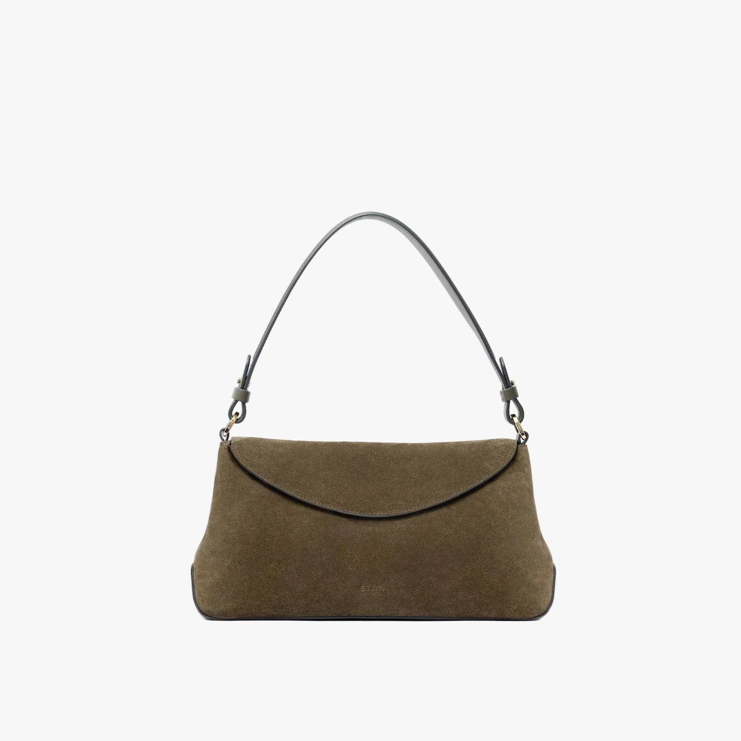 STOW London's East West in Dark Green suede leather on a light grey background featuring the detachable shoulder strap with gold hardware and details