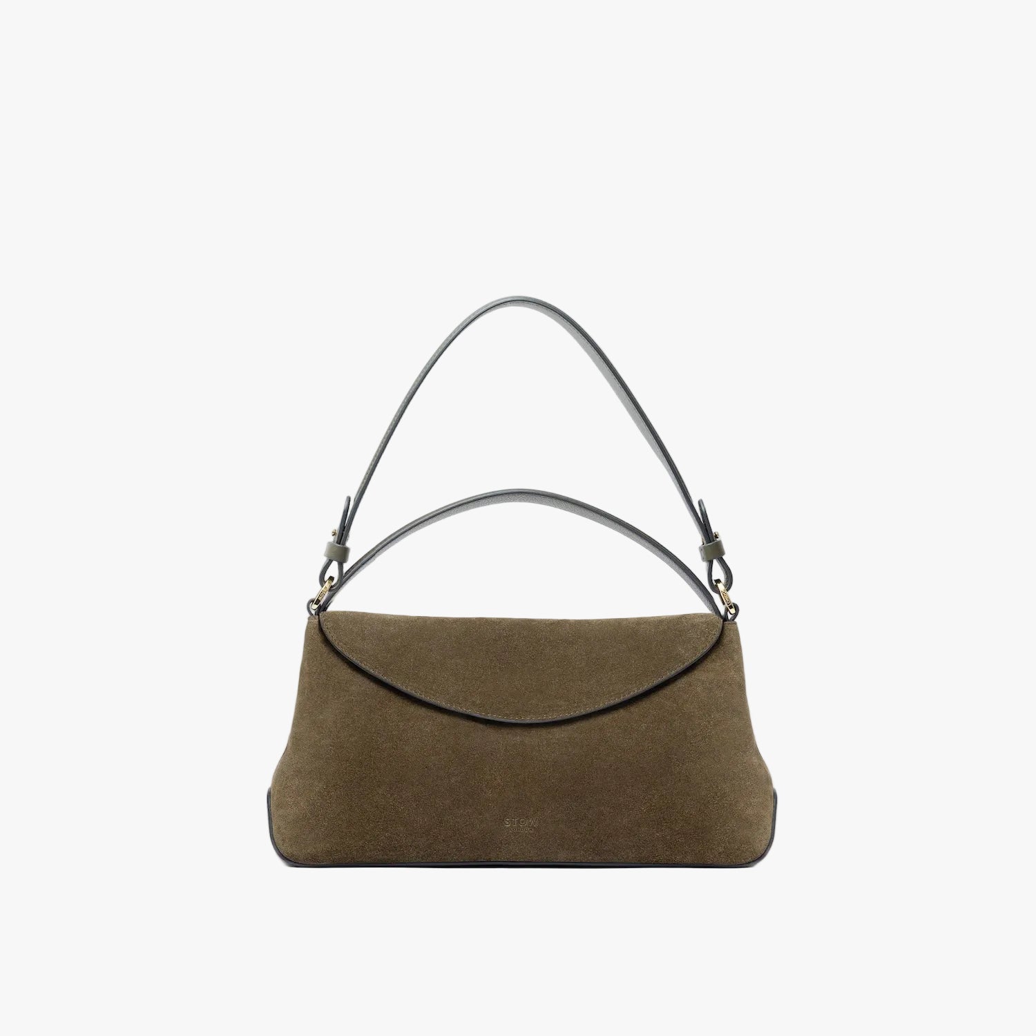 STOW London's East West in Dark Green suede leather on a light grey background featuring the detachable shoulder strap with gold hardware and details