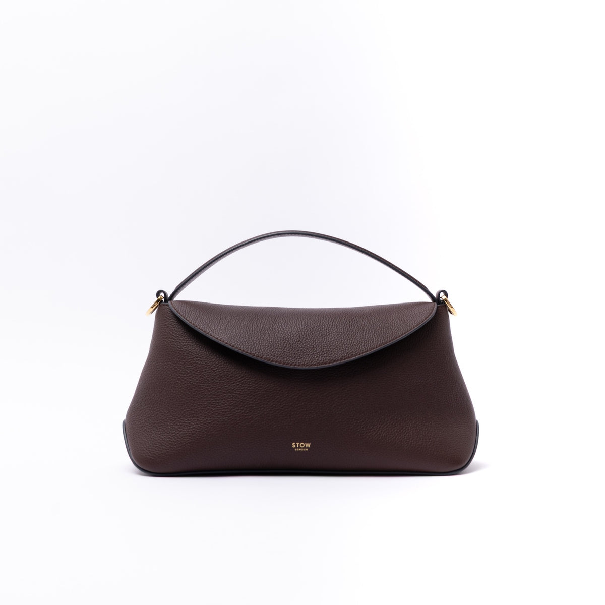 STOW London's East West in Espresso pebbled leather featuring gold-coated stainless steel on a light grey background