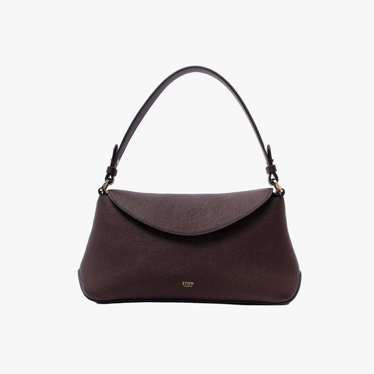 STOW London's East West in Espresso pebbled leather on a light grey background featuring the detachable shoulder strap and gold-coated stainless steel hardware