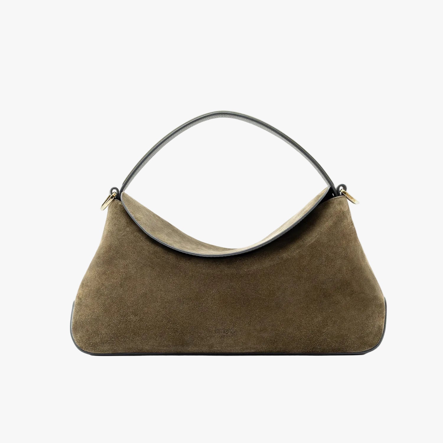 STOW London's East West in Dark Green suede leather featuring gold-coated stainless steel hardware on a light grey background