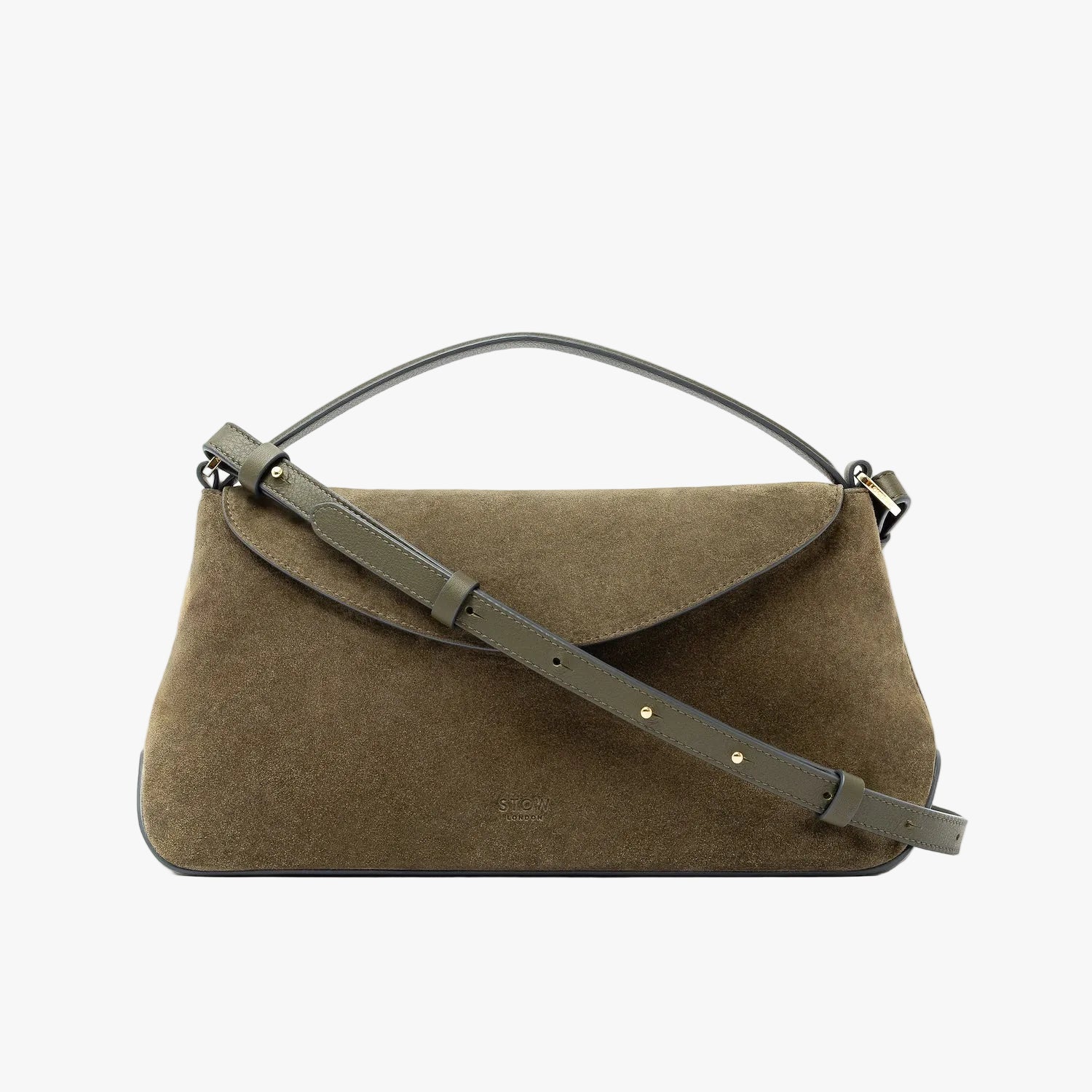 STOW London's East West in Dark Green suede leather and detachable crossbody strap featuring gold-coated stainless steel hardware on a light grey background