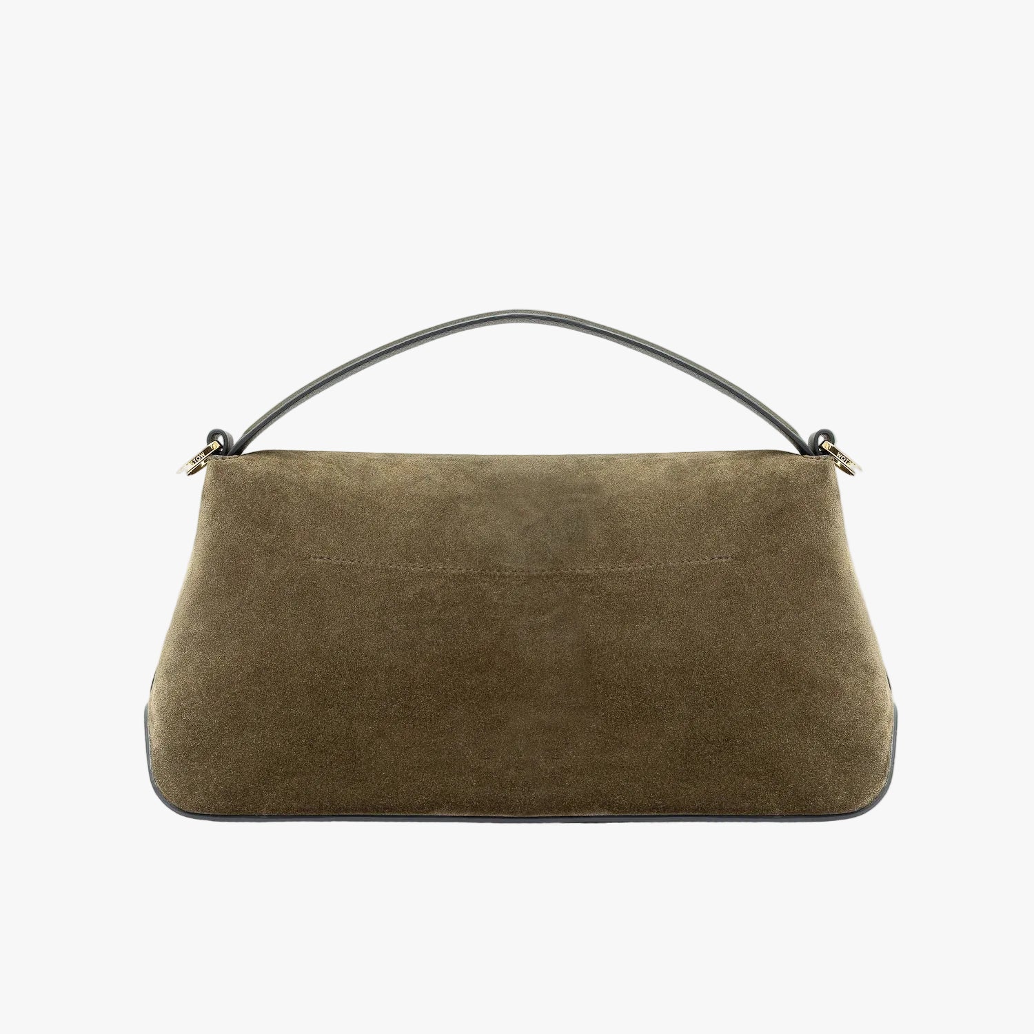 Back panel of STOW London's East West in Dark Green suede leather featuring gold-coated stainless steel hardware on a light grey background