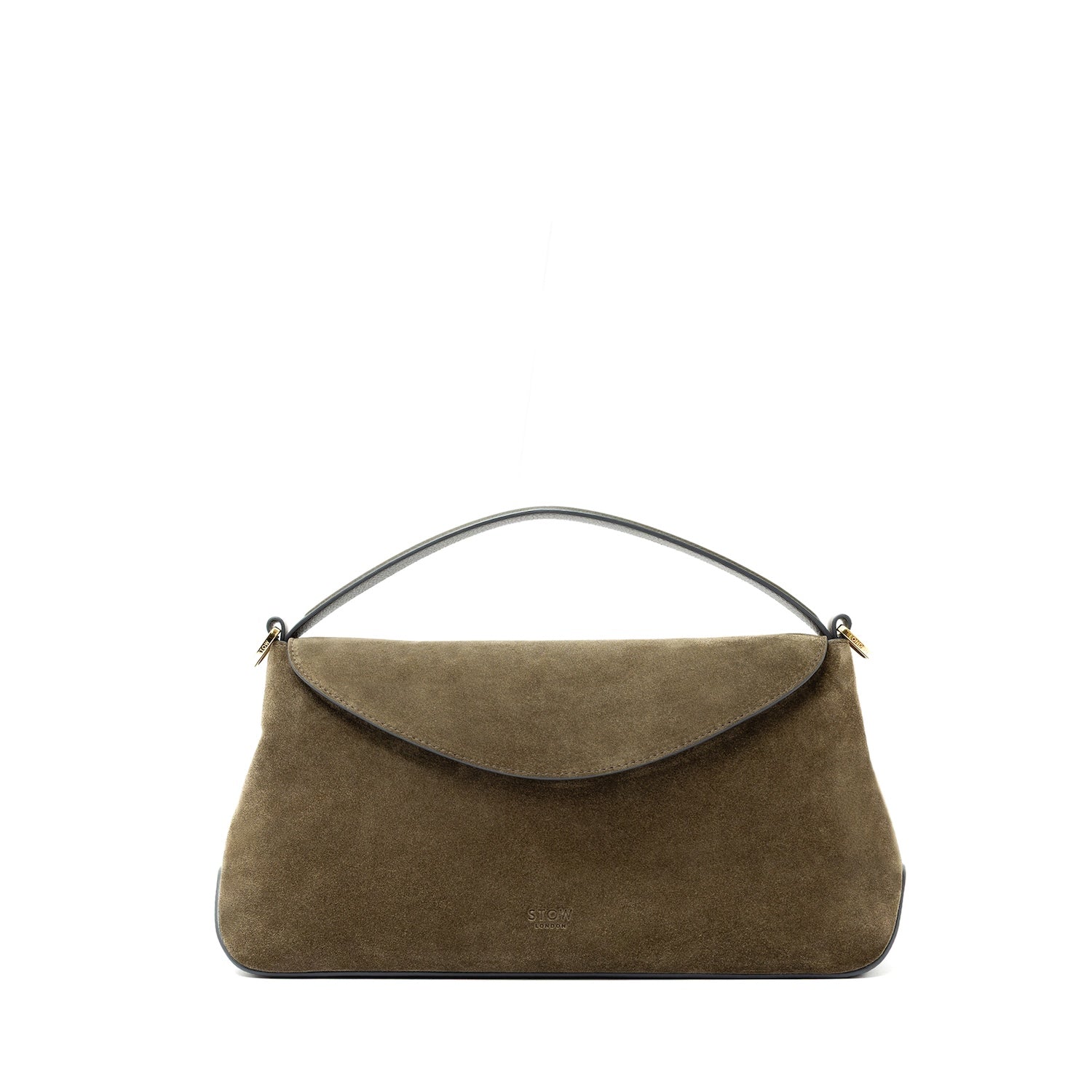STOW London's East West bag in Dark Green Suede leather featuring gold-coated stainless steel hardware on a white background