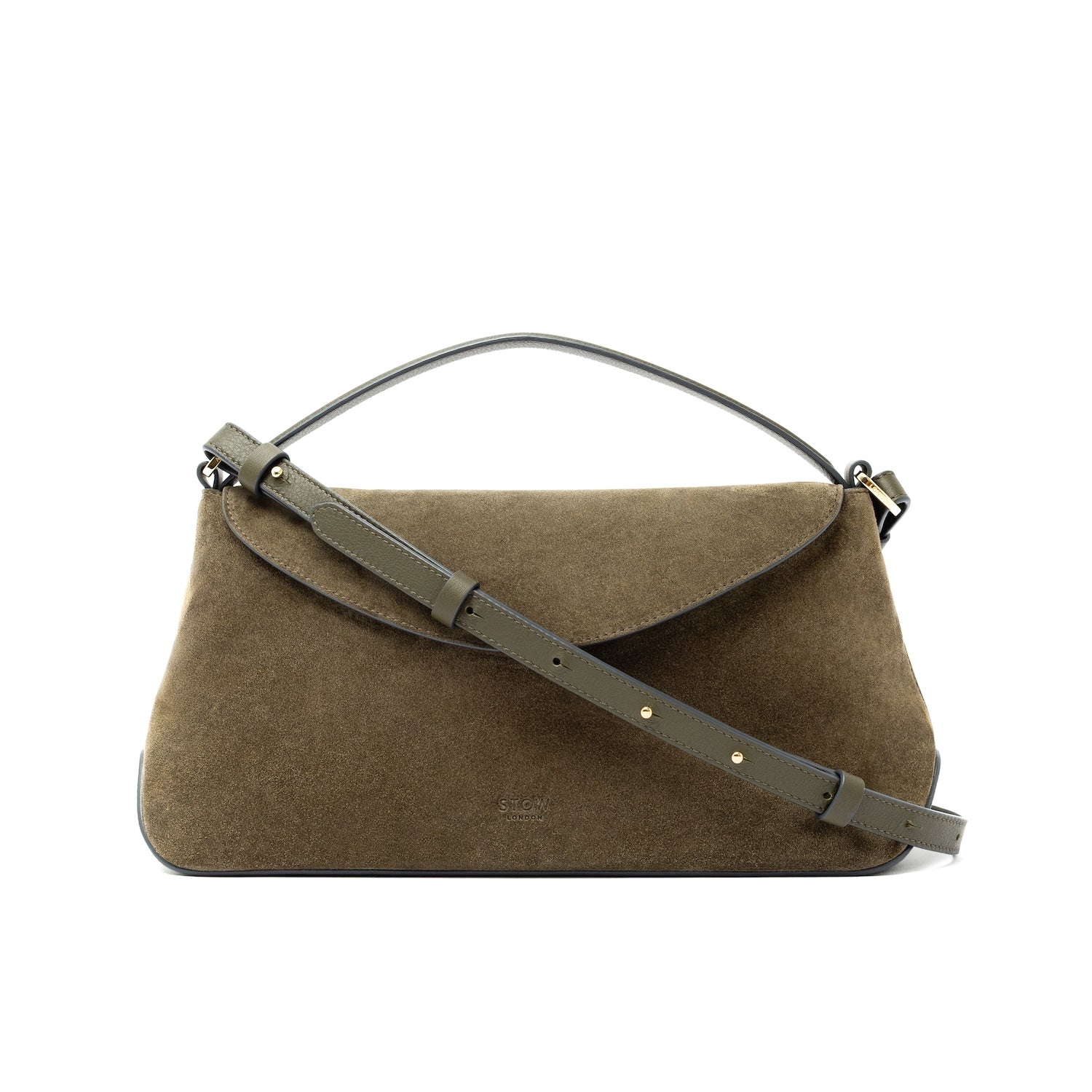 STOW London's East West bag and detachable, adjustable crossbody strap in Dark Green Suede leather featuring gold-coated stainless steel hardware on a white background