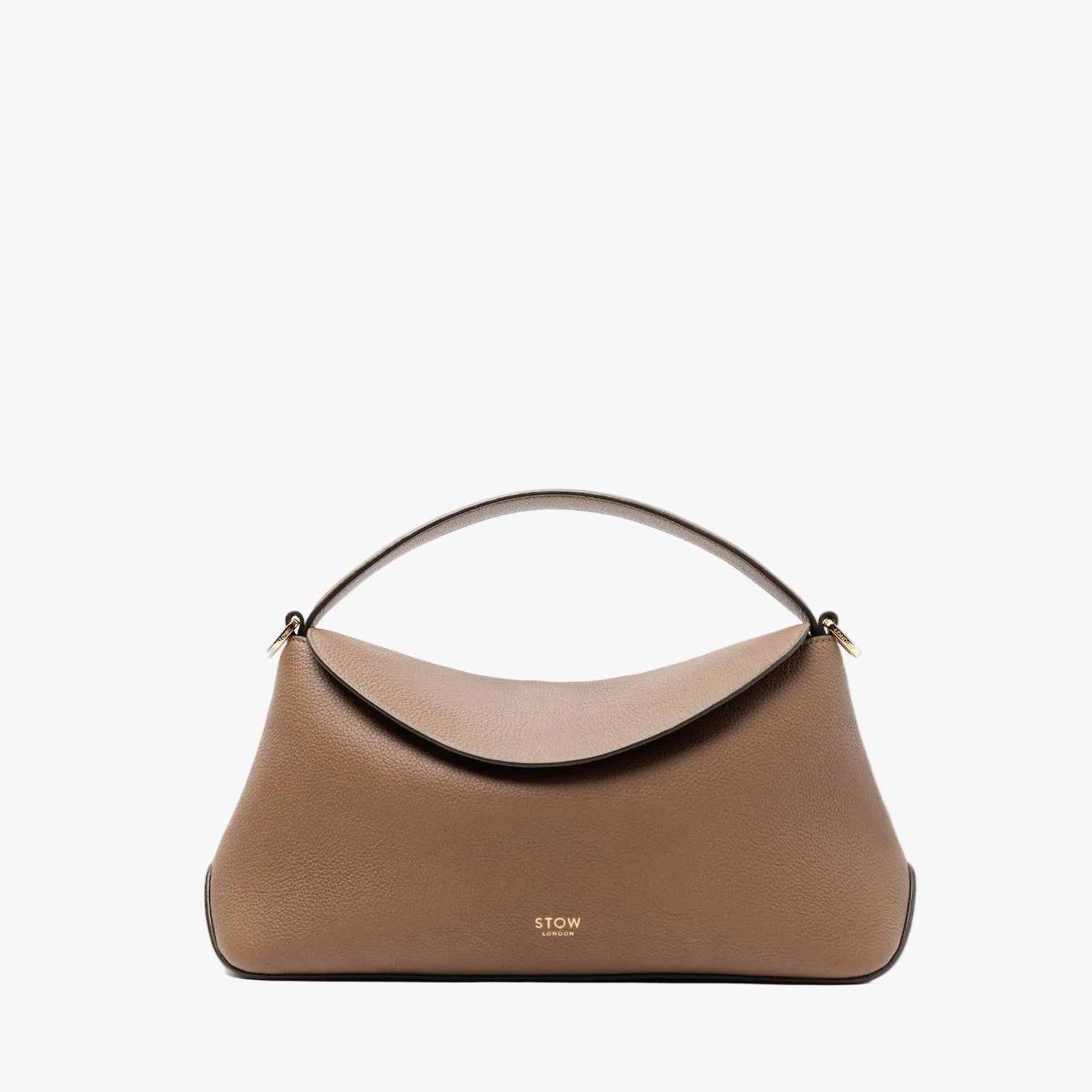 STOW London's East West bag in Mocha pebbled leather featuring gold-coated stainless steel hardware on a light grey background