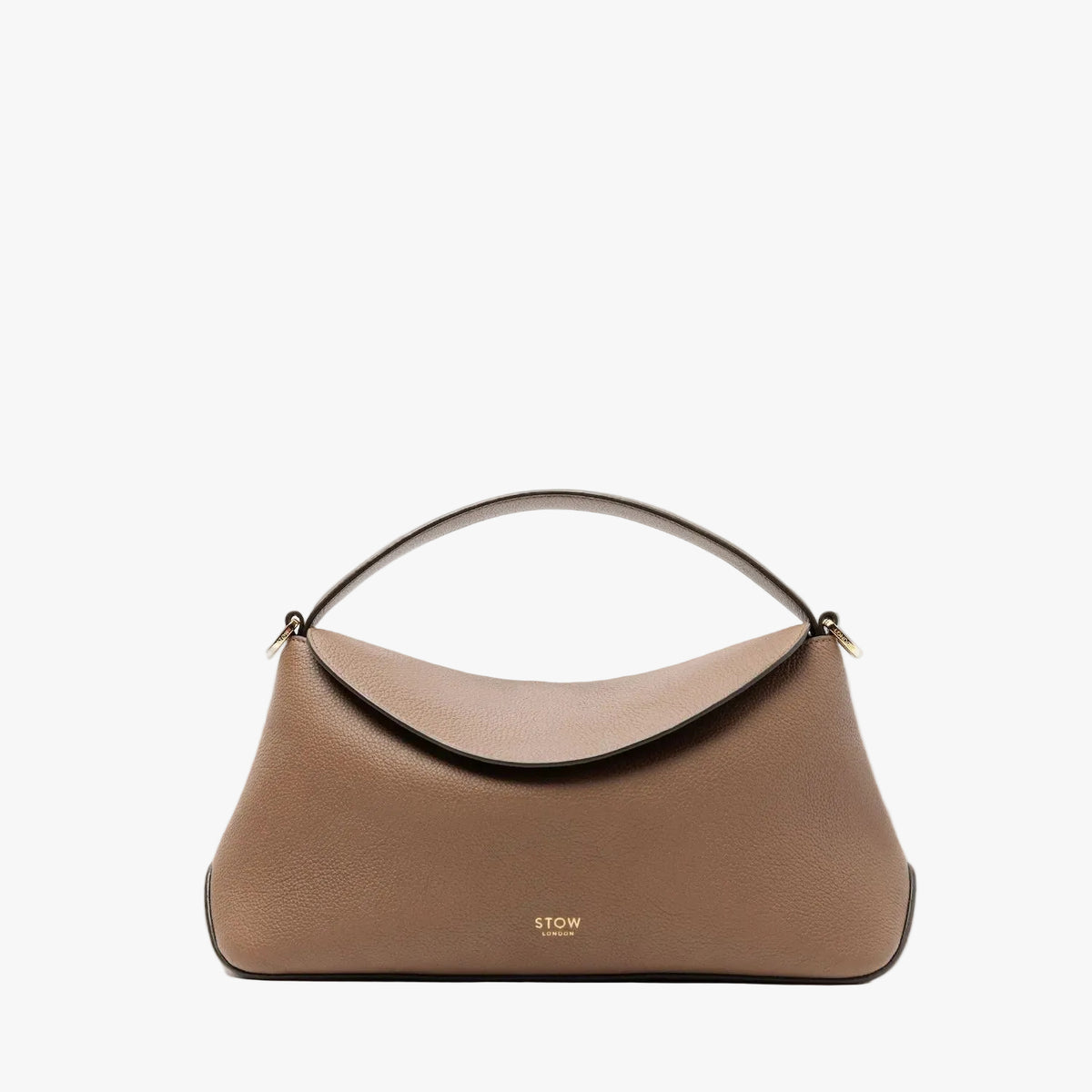 STOW London's East West bag in Mocha pebbled leather featuring gold-coated stainless steel hardware on a light grey background