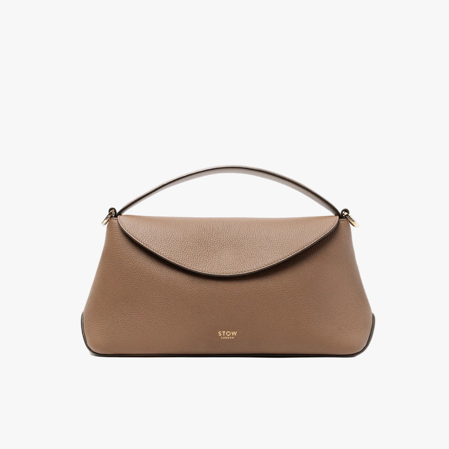 STOW London's East West bag in Mocha pebbled leather featuring gold-coated stainless steel hardware on a light grey background