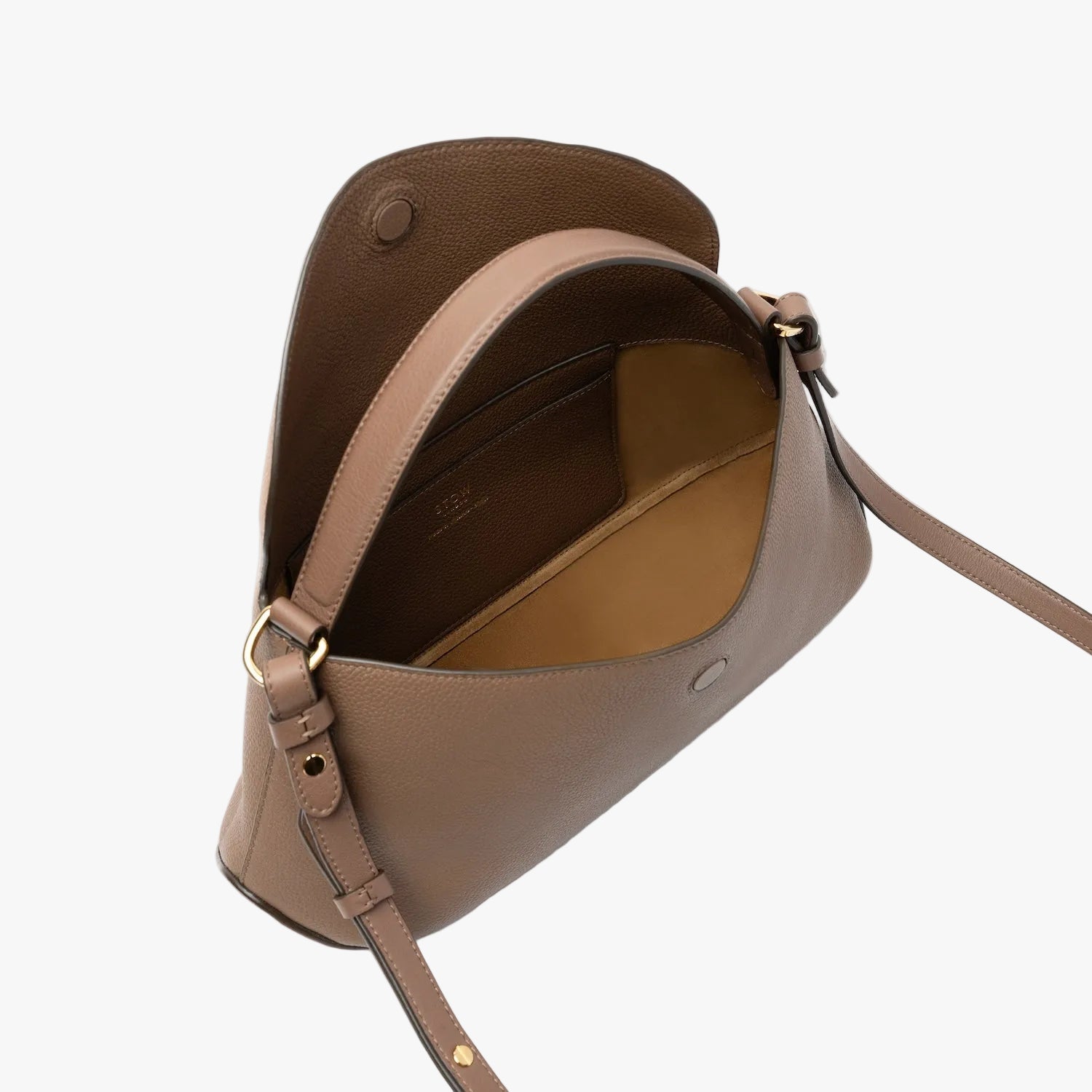 STOW London's East West bag in Mocha pebbled leather with flap open showing suede interior lining and leather slip pocket featuring gold-coated stainless steel hardware on a light grey background