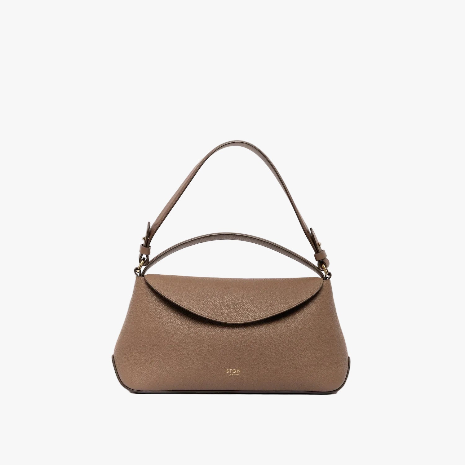 STOW London's East West, detachable shoulder strap and top handle in Mocha leather on a light grey background featuring gold hardware and details
