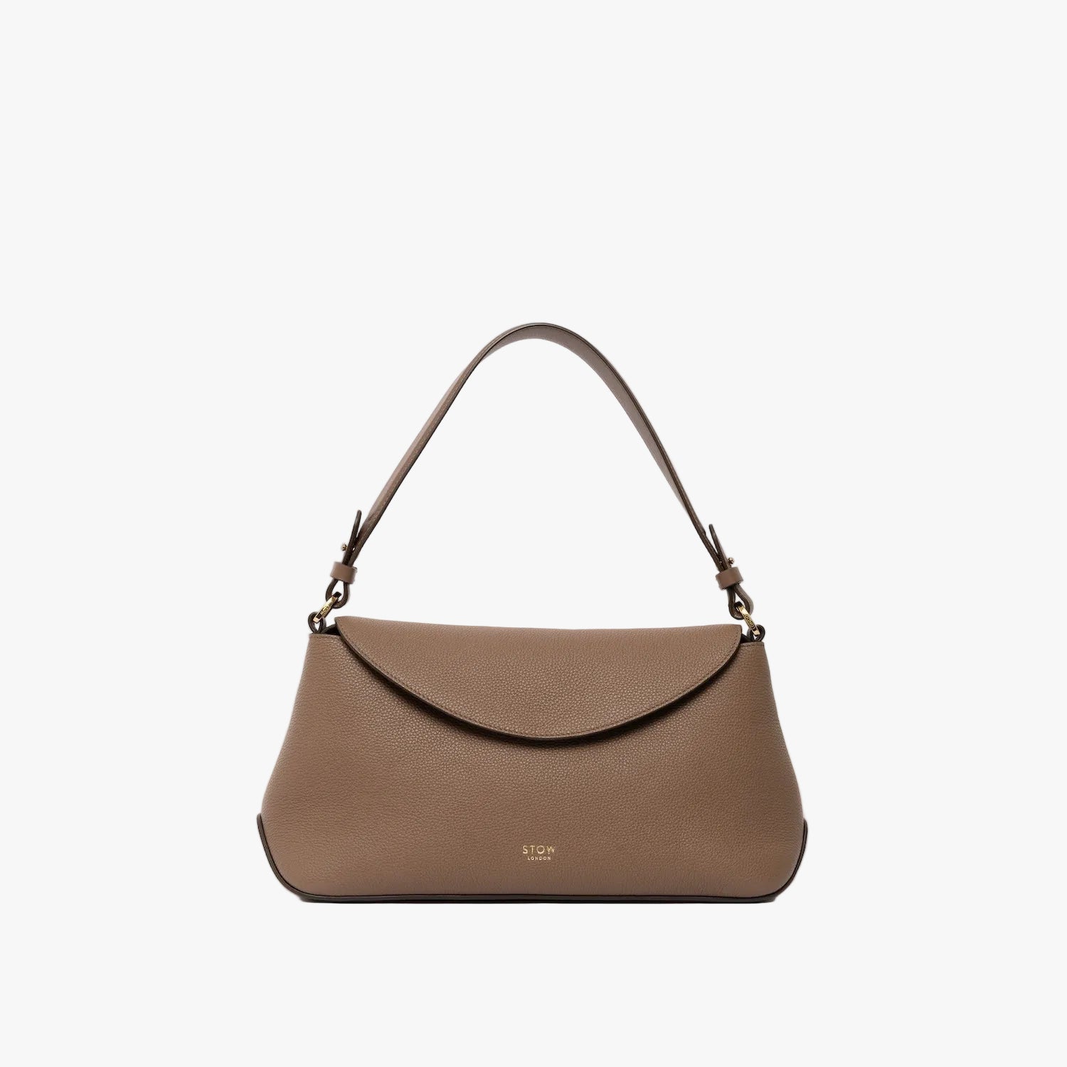 STOW London's East West and detachable shoulder strap in Mocha leather on a light grey background featuring gold hardware and details