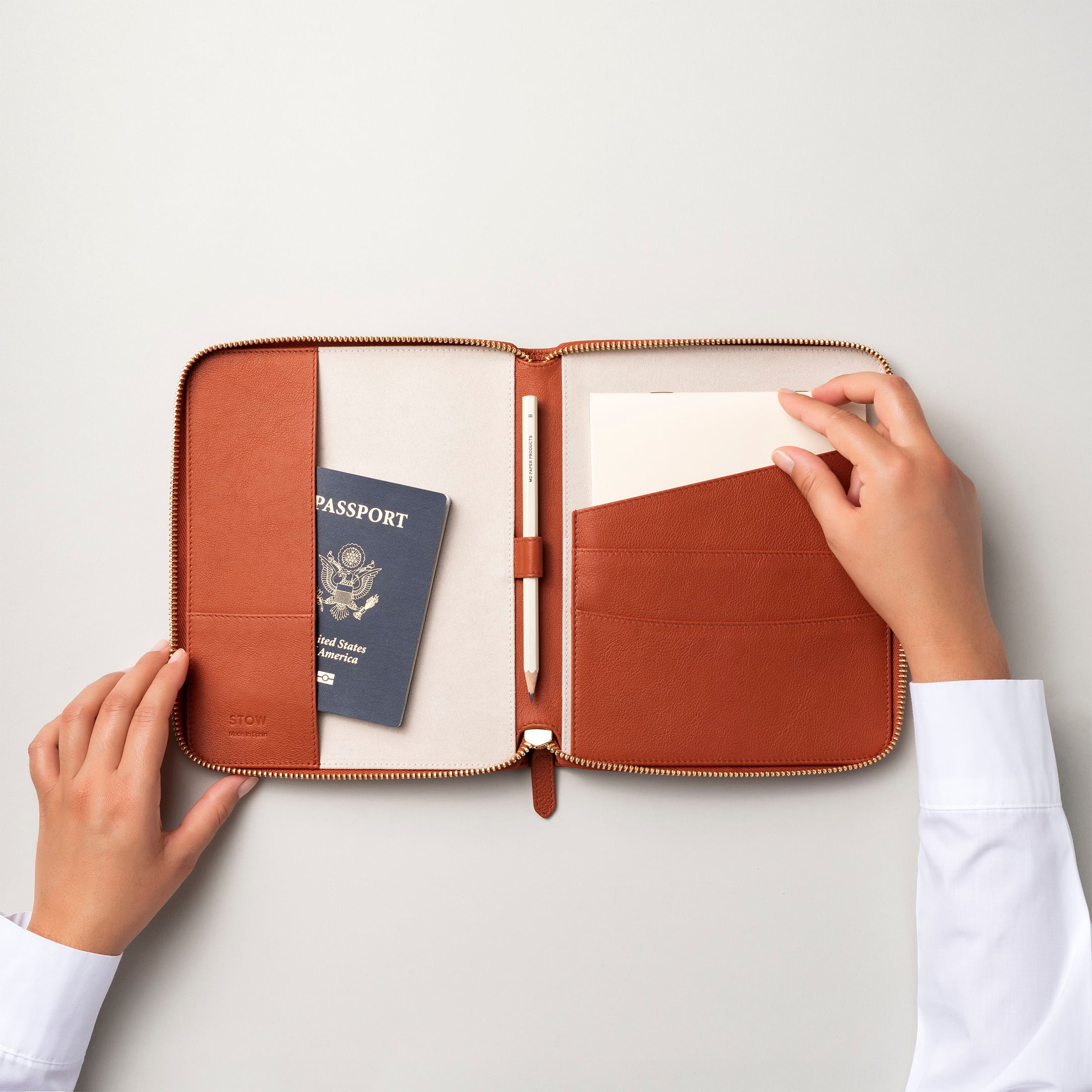 STOW London First Class Folio tech case in Clay Orange leather