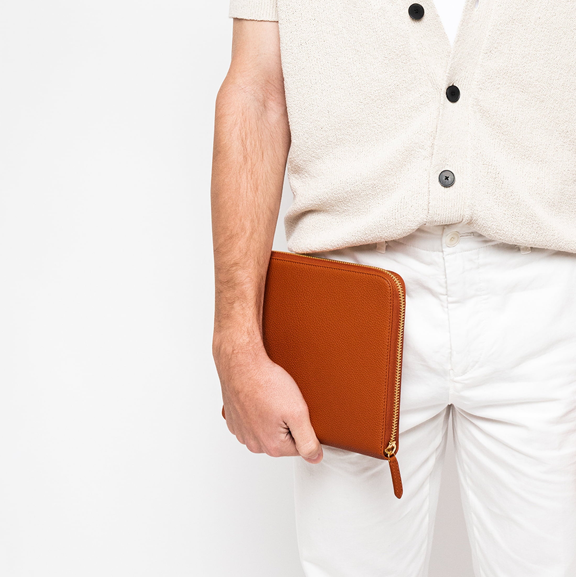 STOW London First Class Folio tech case in Clay Orange leather