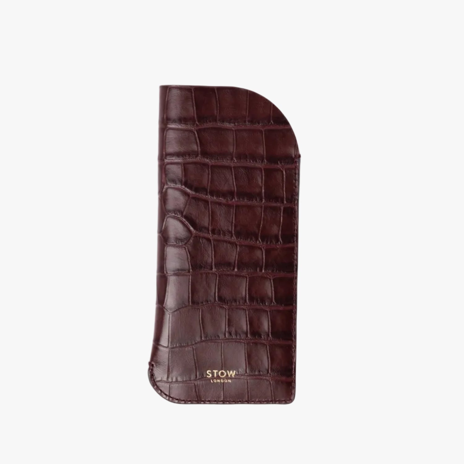 STOW London's Glasses Case in Burgundy Embossed Croc leather on a light grey background featuring a small gold embossed logo on the front bottom