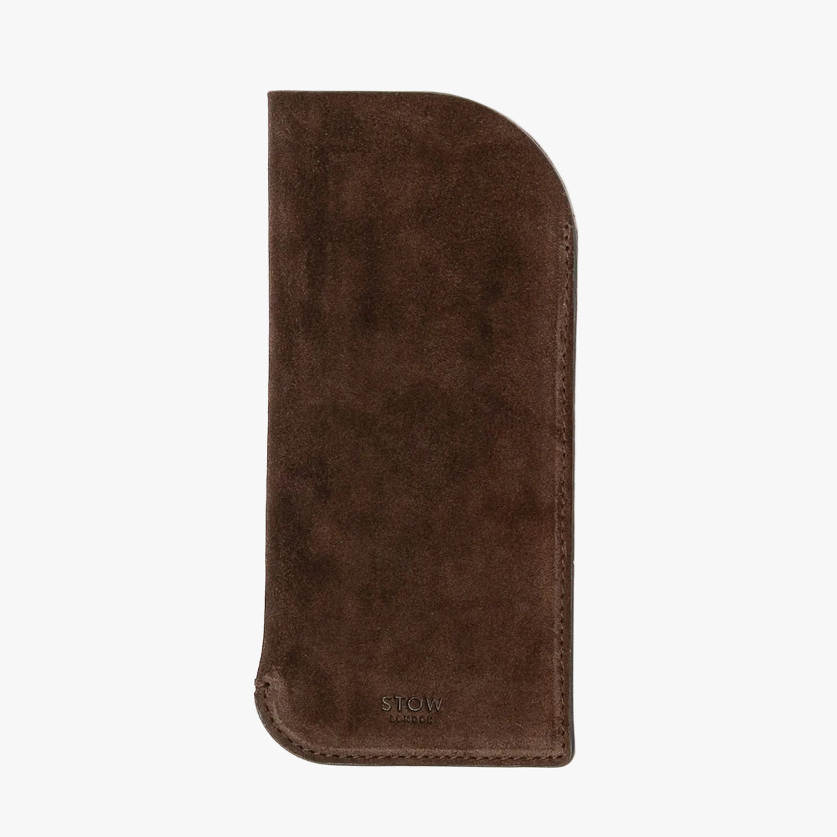 STOW London's Glasses Case in Chocolate Suede leather, featuring a gold logo on a light background