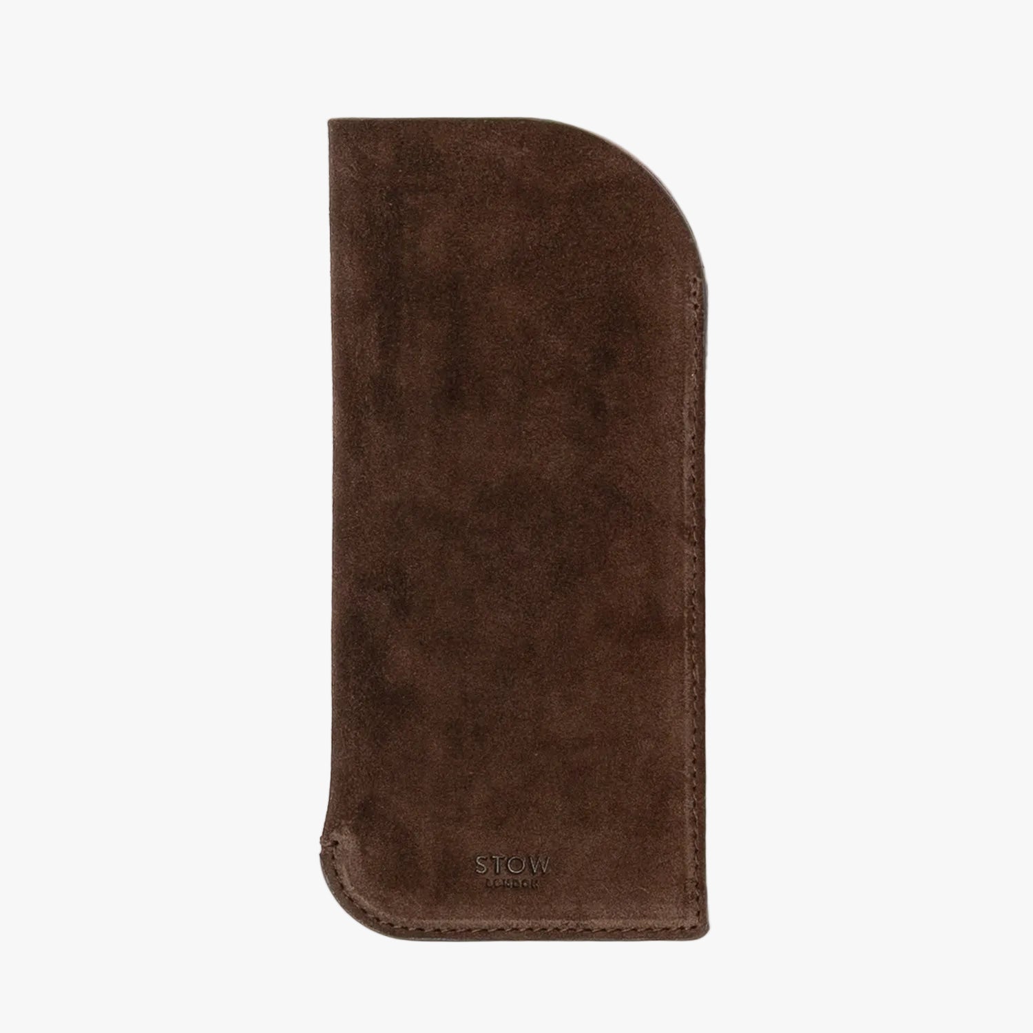 STOW London's Glasses Case in Chocolate suede leather on a light grey background featuring an embossed STOW London on front