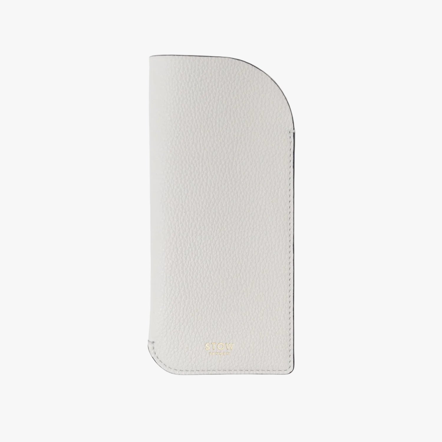 STOW London's Glasses Case in Cloud Grey pebbled leather, featuring a gold logo on a light grey background