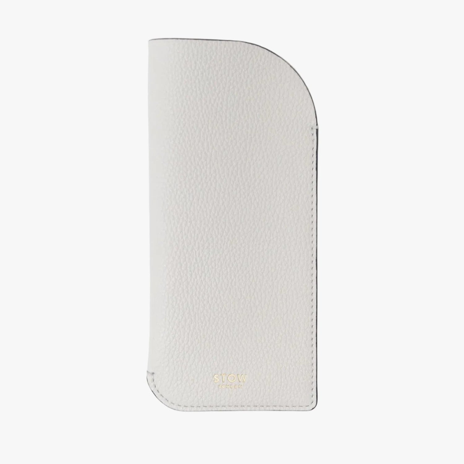 STOW London's Glasses Case in Cloud Grey pebbled leather, featuring a gold logo on a light grey background