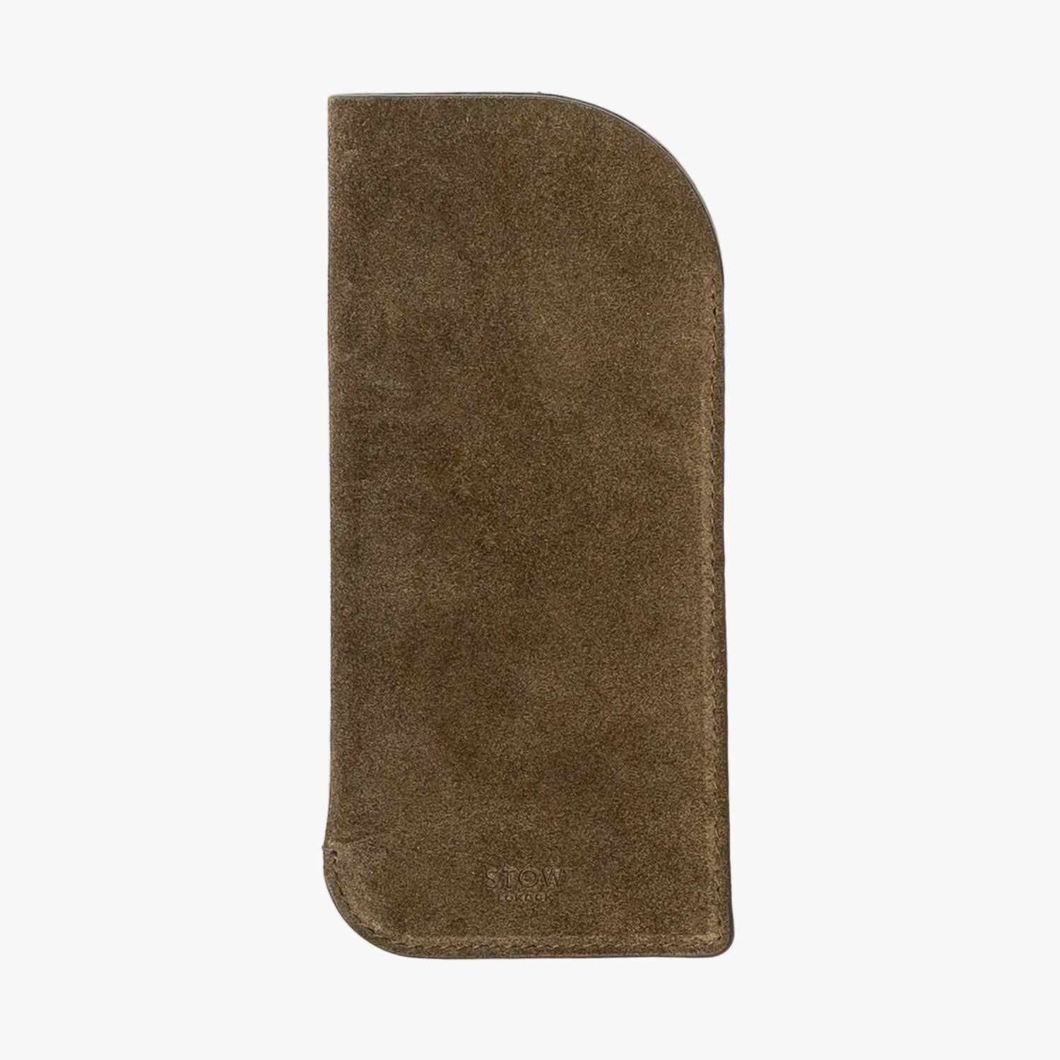 STOW London's Glasses Case in Dark Green suede leather on a light grey background featuring an embossed STOW London on front