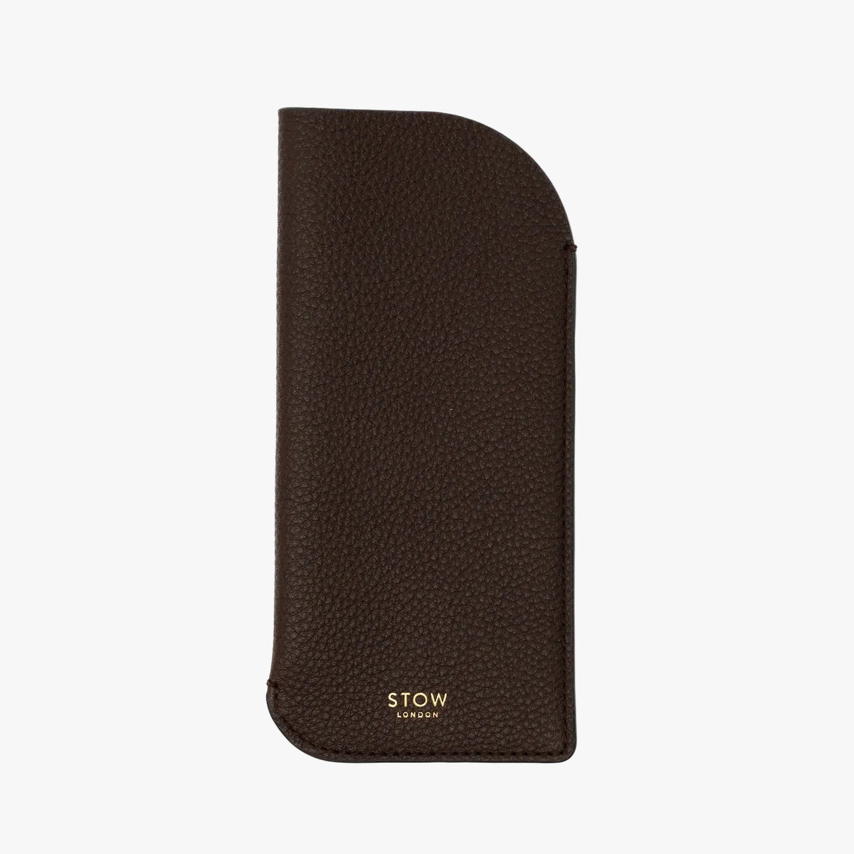 STOW London's Glasses Case in Espresso pebbled leather, featuring a gold logo on a light background