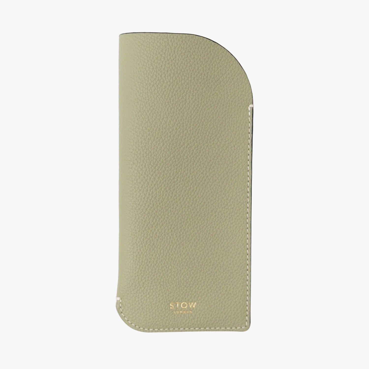 STOW London's Glasses Case in Pale Green pebbled leather, featuring a gold logo on a light grey background