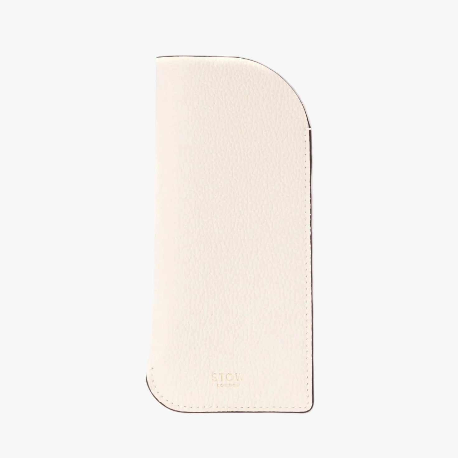 STOW London's Glasses Case in Spring Moon pebbled leather on a light grey background featuring a small gold embossed logo at the bottom