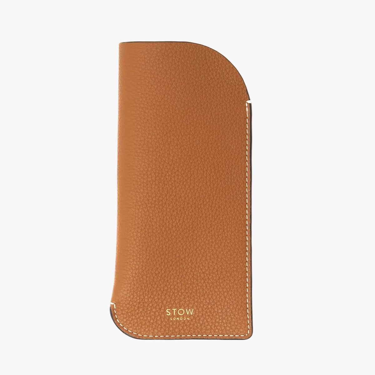 STOW London's Glasses Case in Earth Tan pebbled leather, featuring a gold logo on a light background