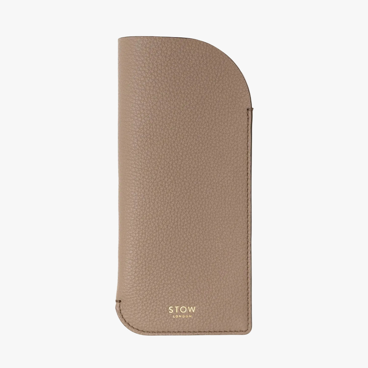 STOW London's Glasses Case in Taupe pebbled leather, featuring a gold logo on a light background