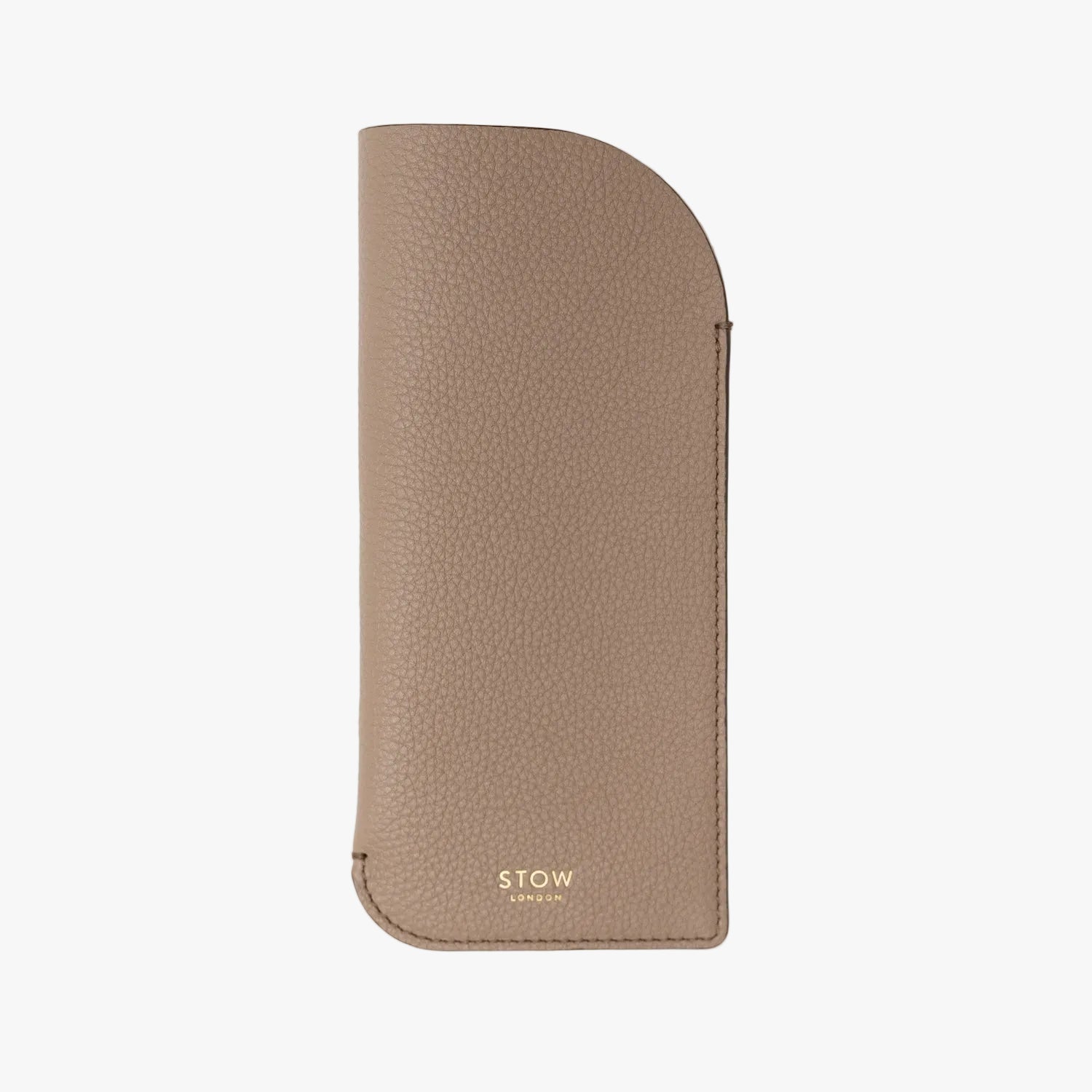STOW London's Glasses Case in Taupe pebbled leather, featuring a gold logo on a light background