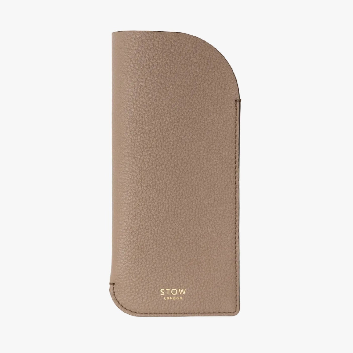 STOW London's Glasses Case in Taupe pebbled leather, featuring a gold logo on a light background