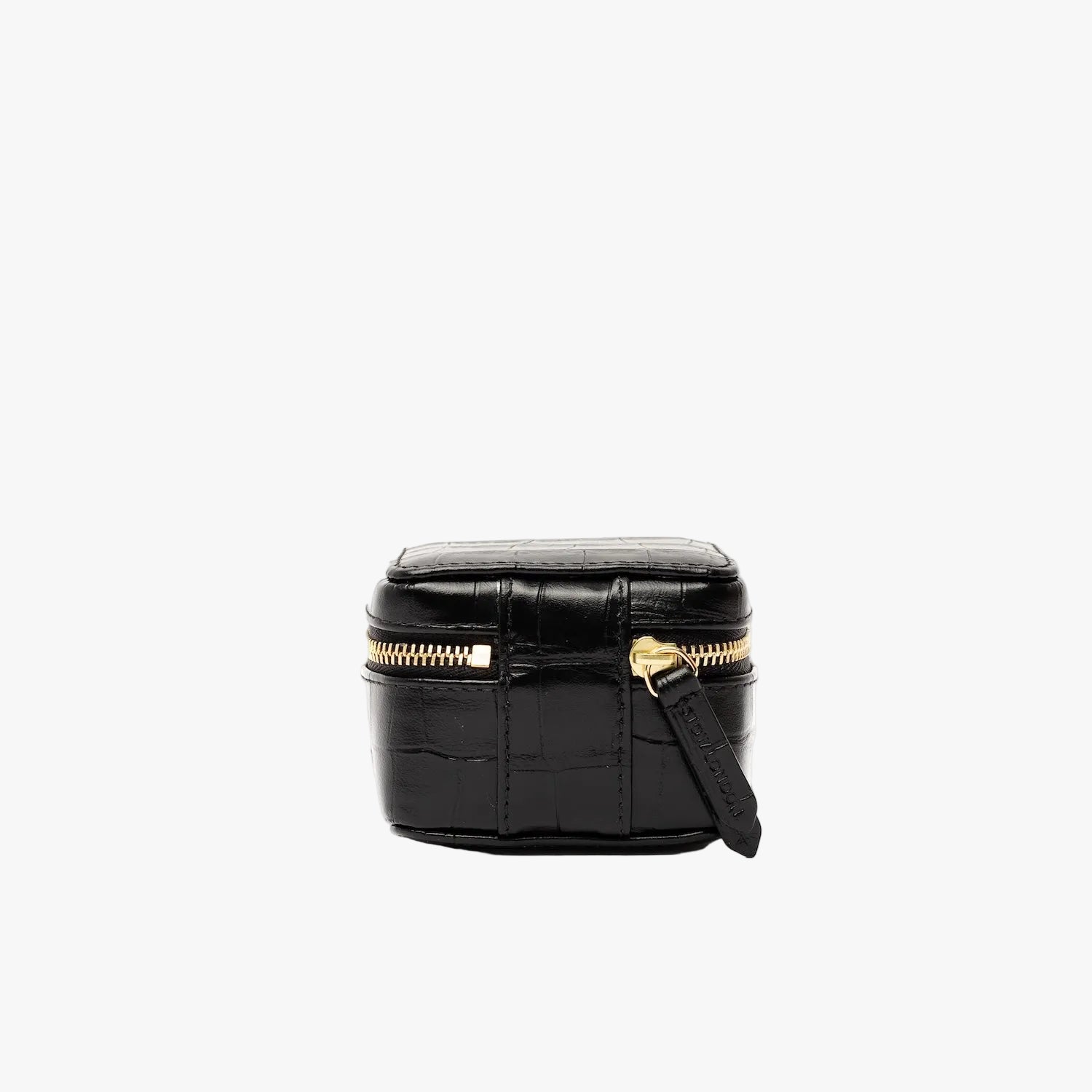 Back of STOW London's Hester Jewellery Case in Black Embossed Croc leather on a light grey background featuring a YKK Natulon zip