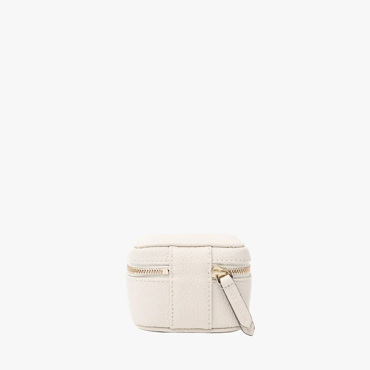 Back of STOW London's Hester Jewellery Case in Spring Moon pebbled leather on a light grey background featuring a YKK Natulon zip