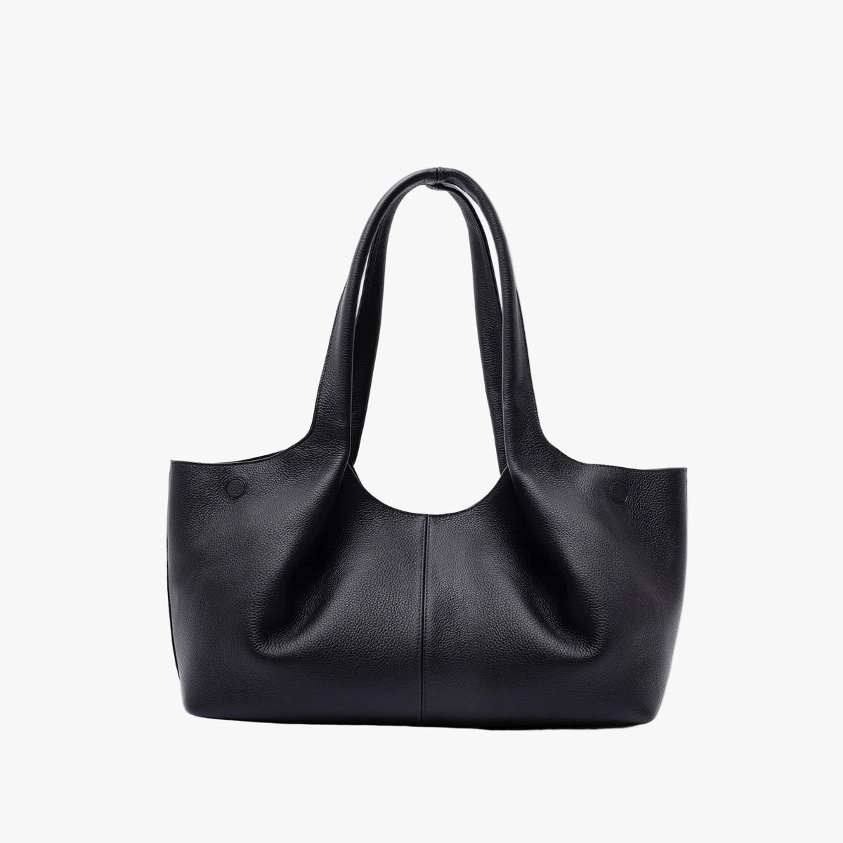 Back of STOW London's Hobo Tote in Black pebbled leather on a light grey background featuring a pleated back panel