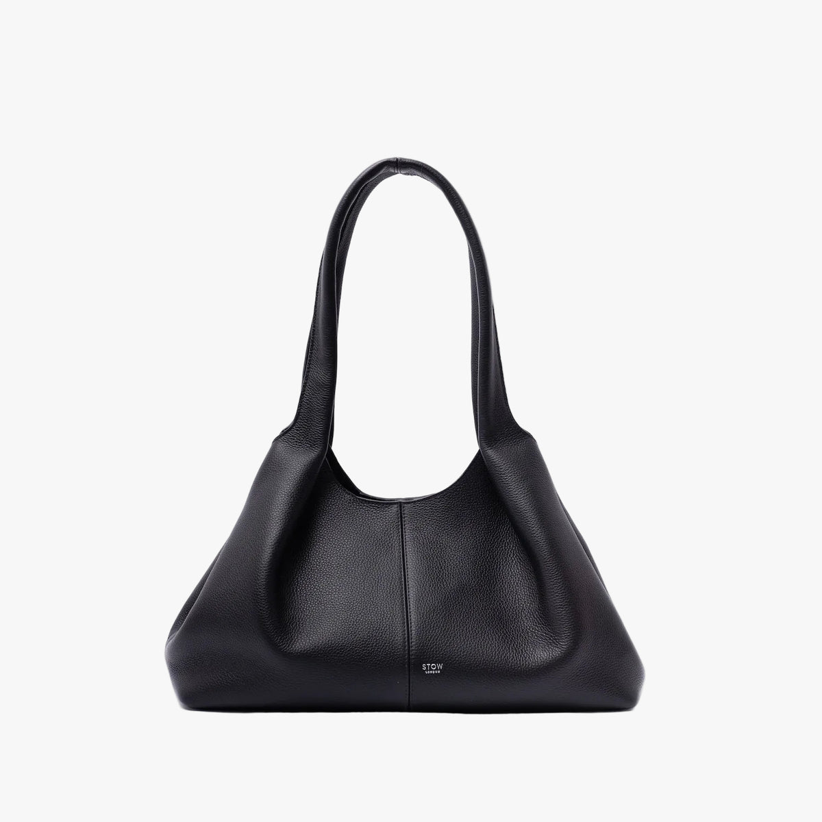 STOW London's Hobo Tote in Black pebbled leather on a light grey background in its triangular hobo shape featuring a pleated front panel and small silver embossed logo