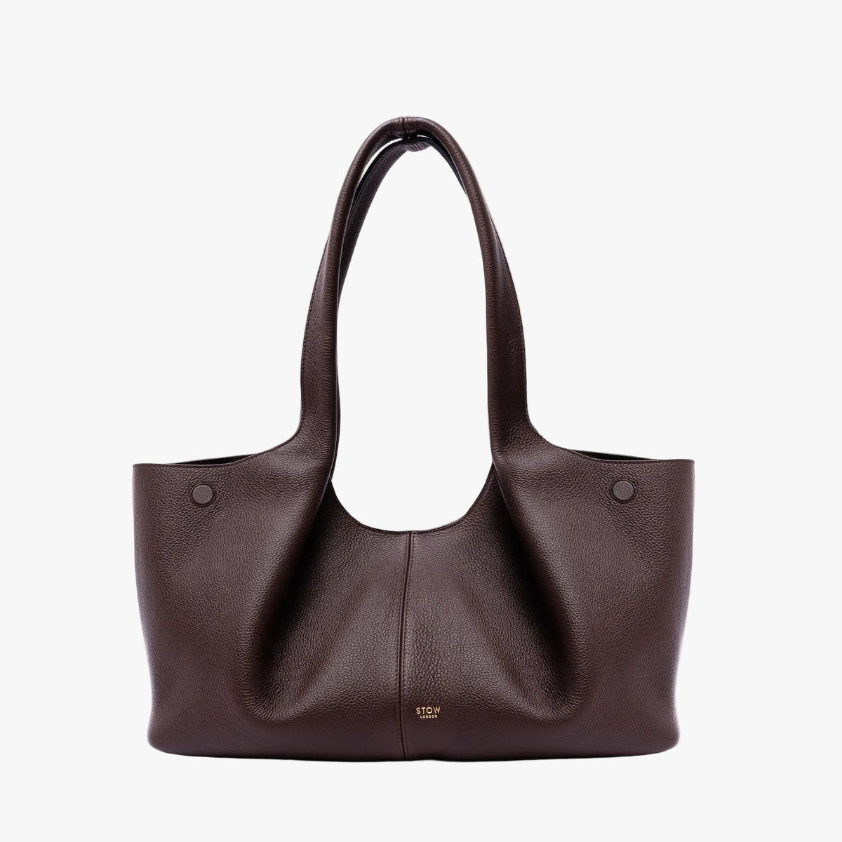 STOW London's Hobo Tote in Espresso pebbled leather on a light grey background featuring a pleated front panel and small gold embossed logo