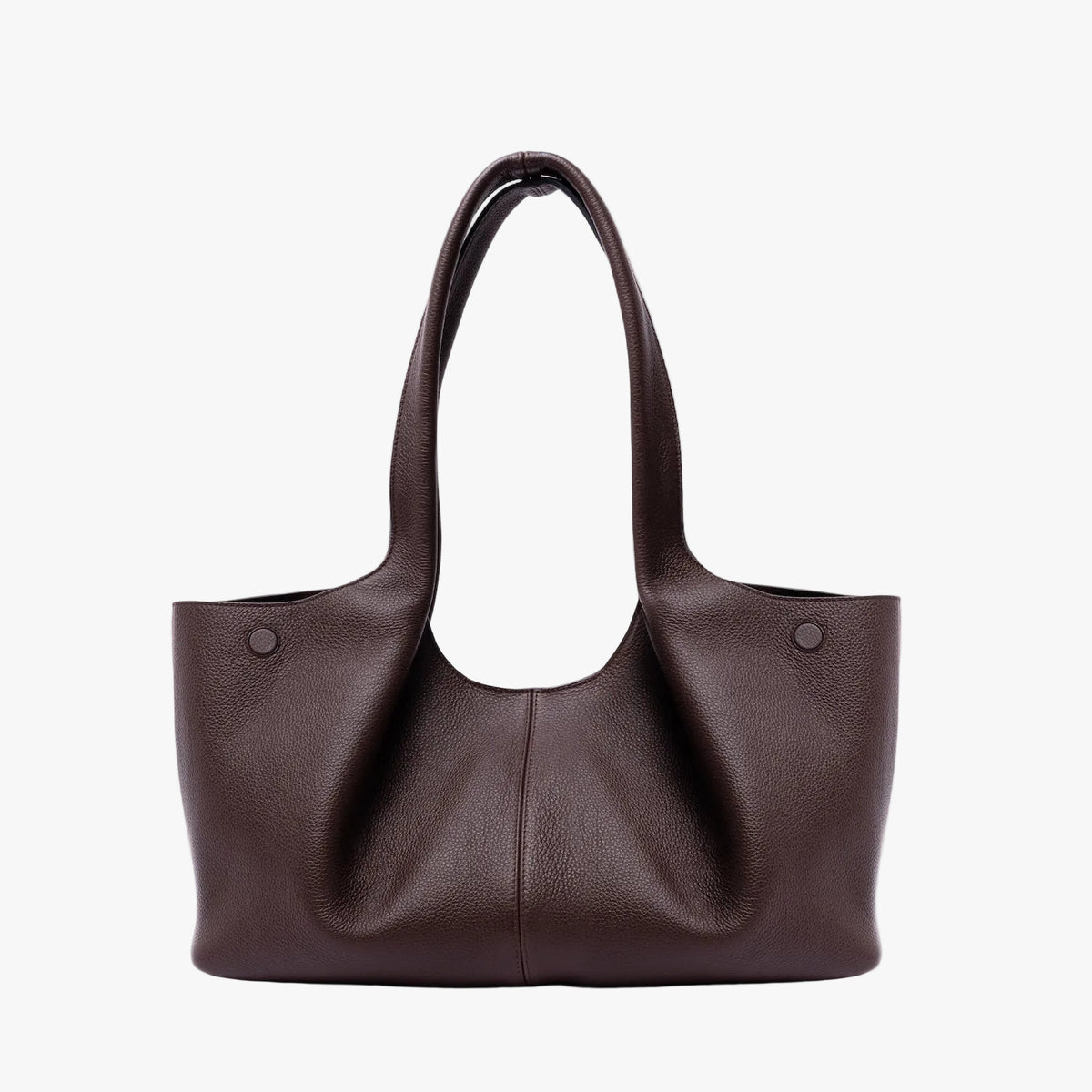 Back of STOW London's Hobo Tote in Espresso pebbled leather on a light grey background featuring a pleated back panel