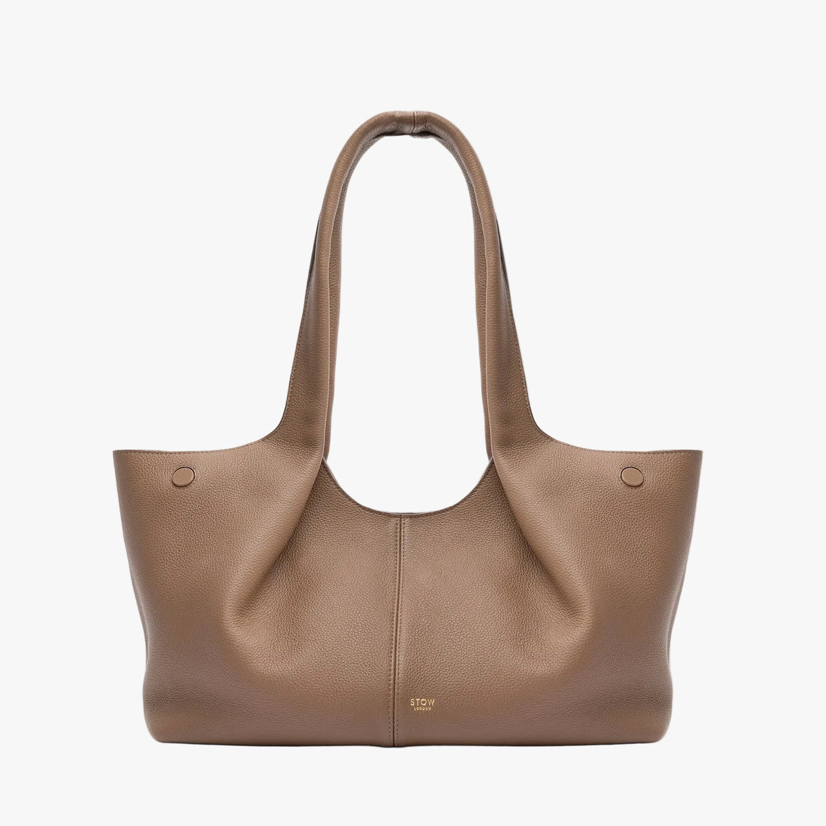 STOW London's Hobo Tote in Mocha pebbled leather on a light grey background featuring a pleated front panel and small gold embossed logo