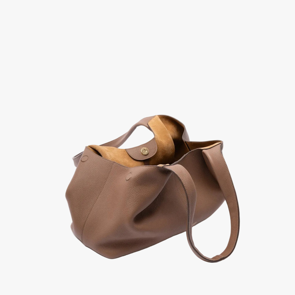 STOW London's Hobo Tote in Mocha pebbled leather on a light grey background with gold magnets open showing the suede interior lining