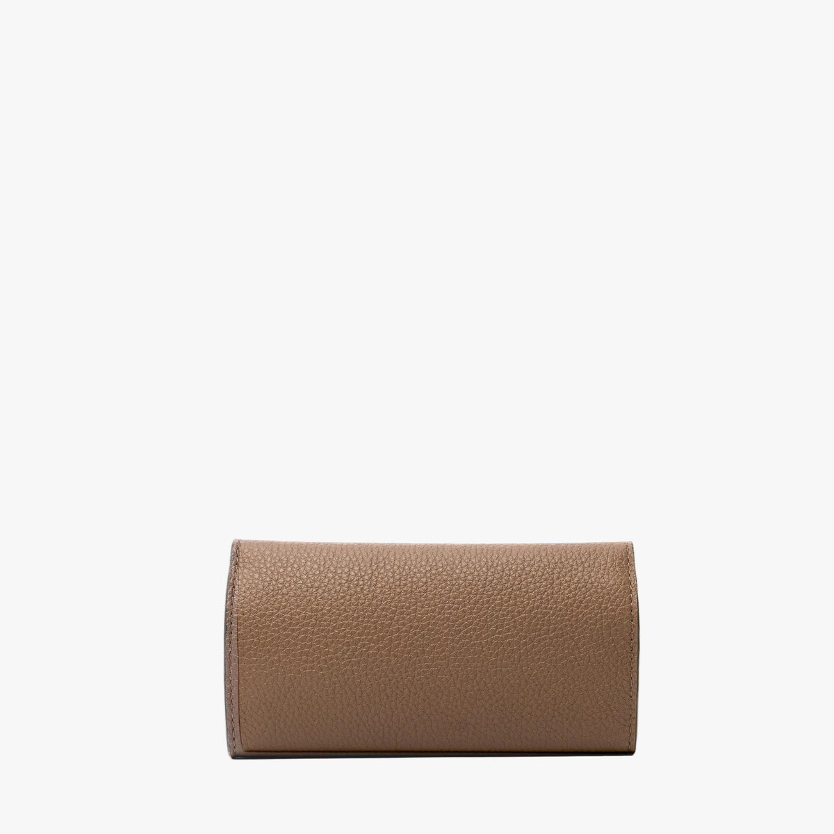 Back panel of STOW London's Jewellery Roll in Mocha pebbled leather on a light grey background