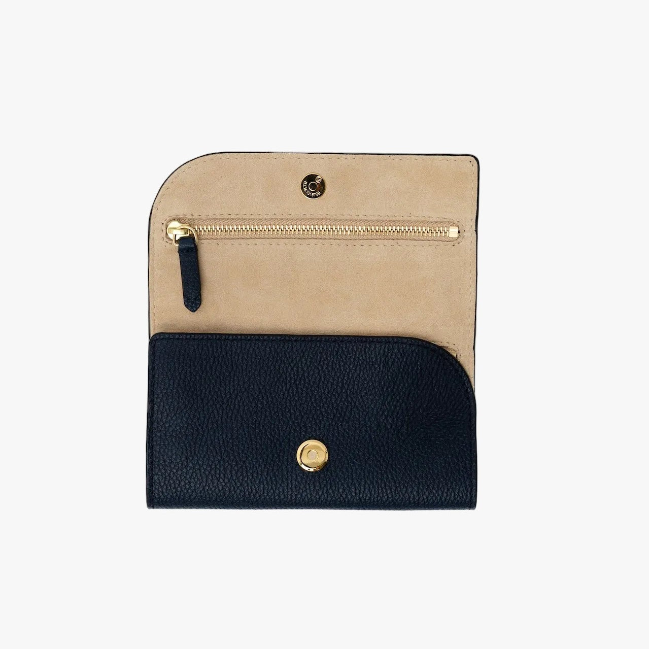 STOW London's Jewellery Roll in Navy pebbled leather on a light grey background with magnets open showing a part of the interior suede lining and zip pocket