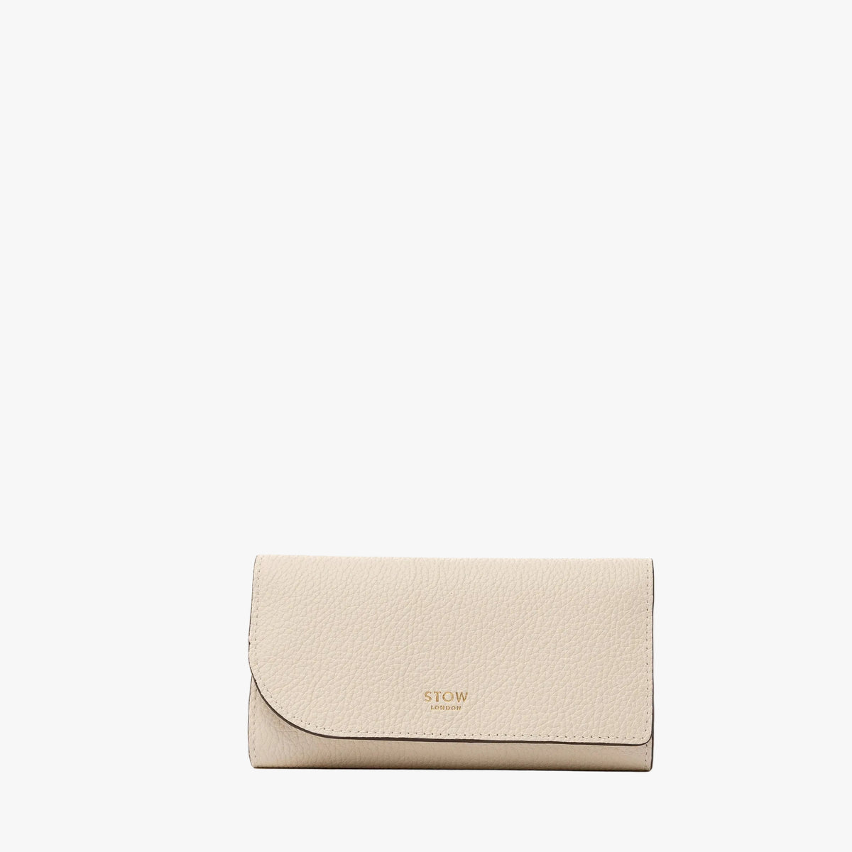 STOW London's Jewellery Roll in Spring Moon pebbled leather on a light grey background featuring a fine gold embossed logo on the front