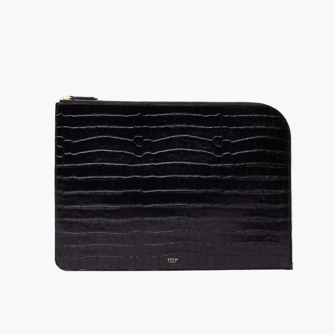 STOW London's Laptop Sleeve in Black Embossed Croc leather on a light grey background featuring a YKK Natulon Zip and a fine gold embossed logo on the front bottom.