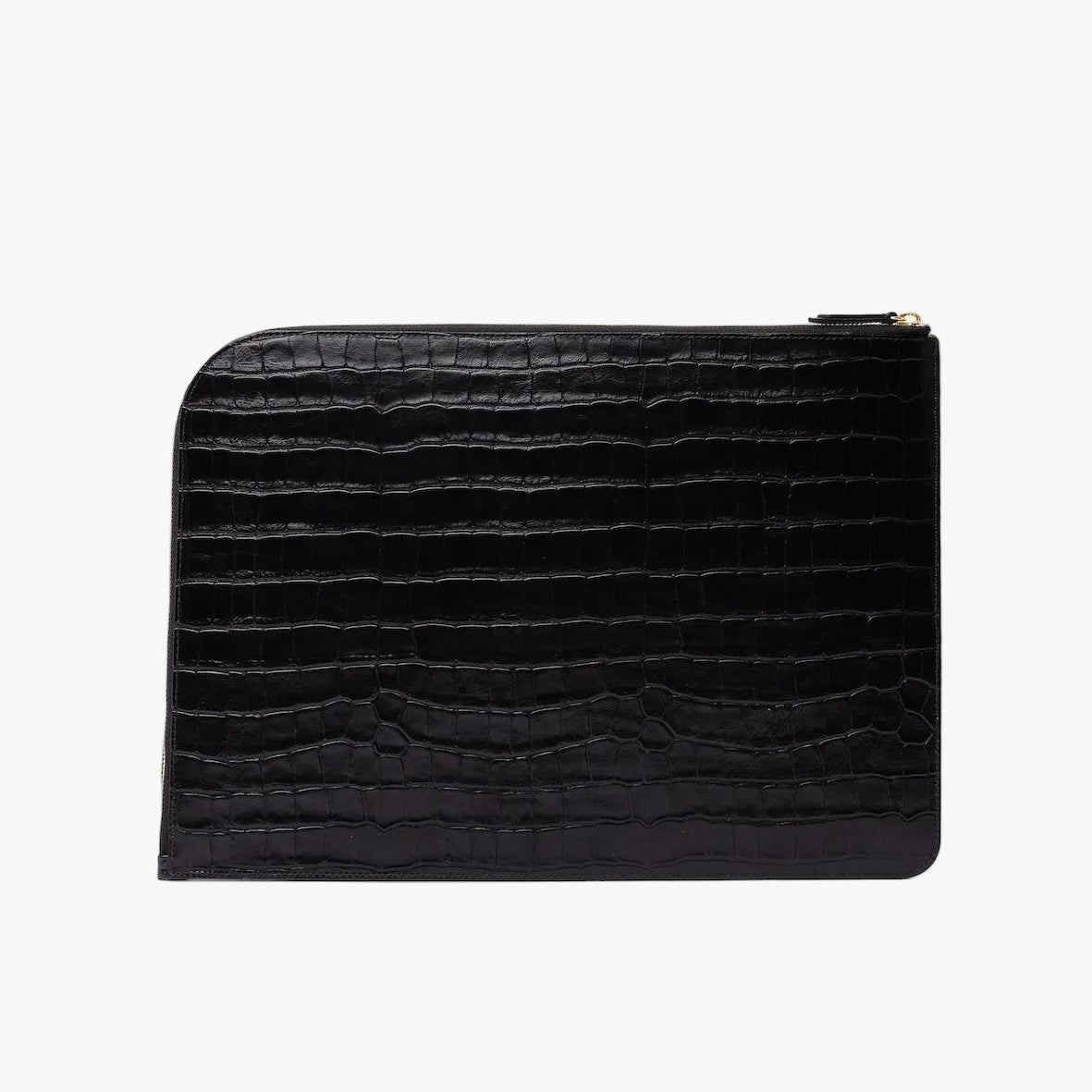 Back panel of STOW London's Laptop Sleeve in Black Embossed Croc leather on a light grey background featuring a YKK Natulon Zip