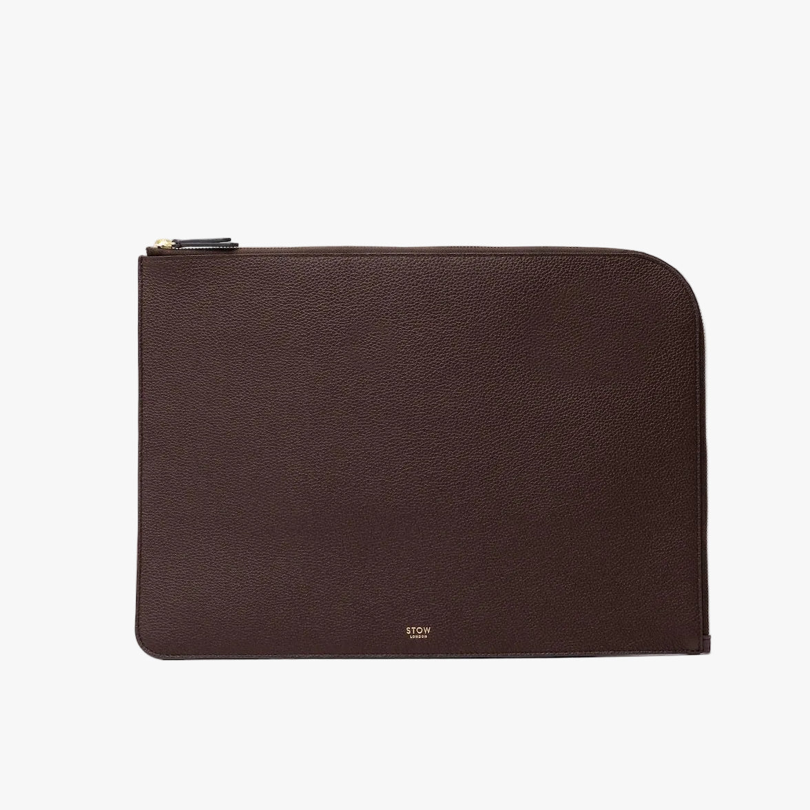 STOW London's Laptop Sleeve in Espresso pebbled leather on a light grey background featuring a YKK Natulon Zip and a fine gold embossed logo on the front bottom.