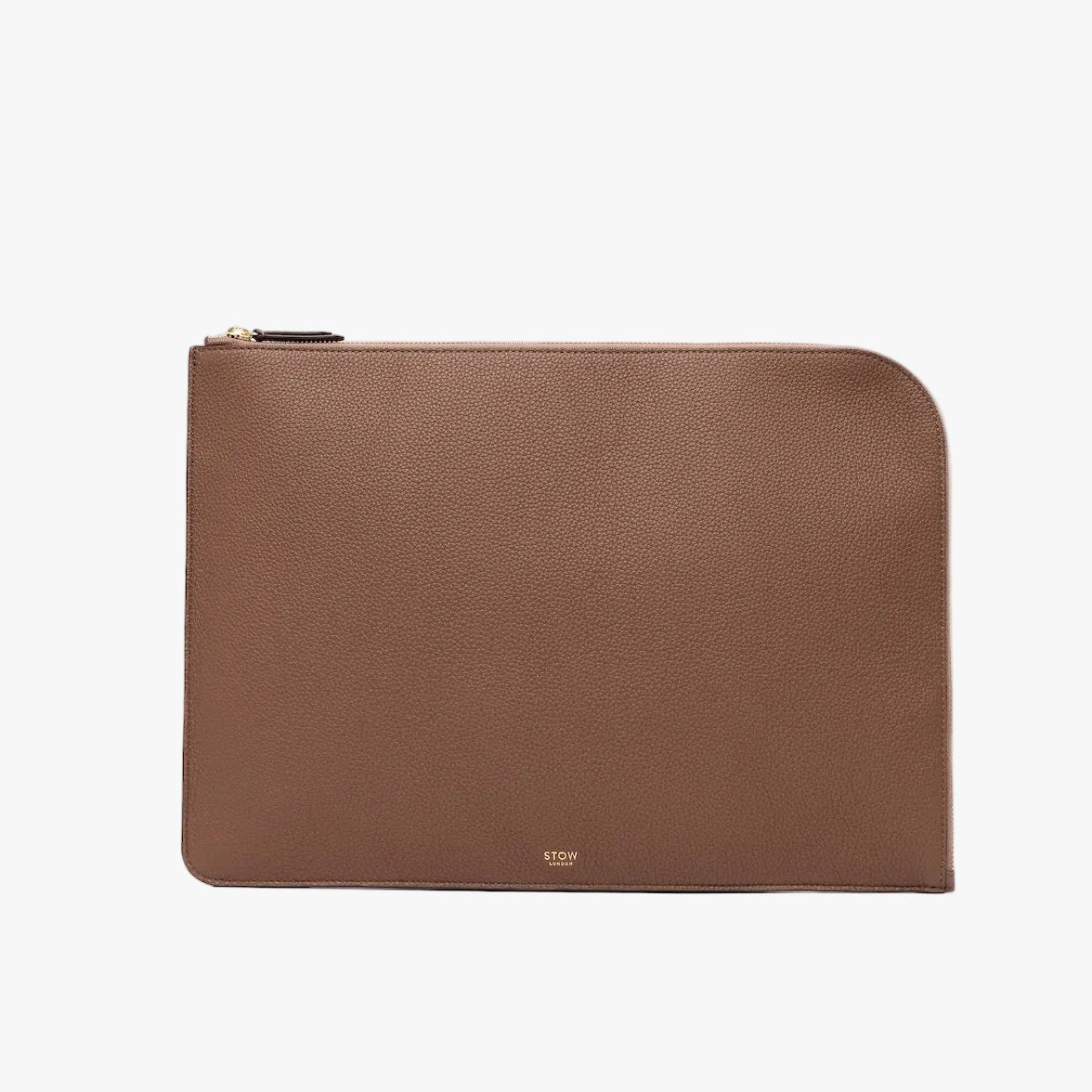 STOW London's Laptop Sleeve in Mocha pebbled leather on a light grey background featuring a YKK Natulon Zip and a fine gold embossed logo on the front bottom.