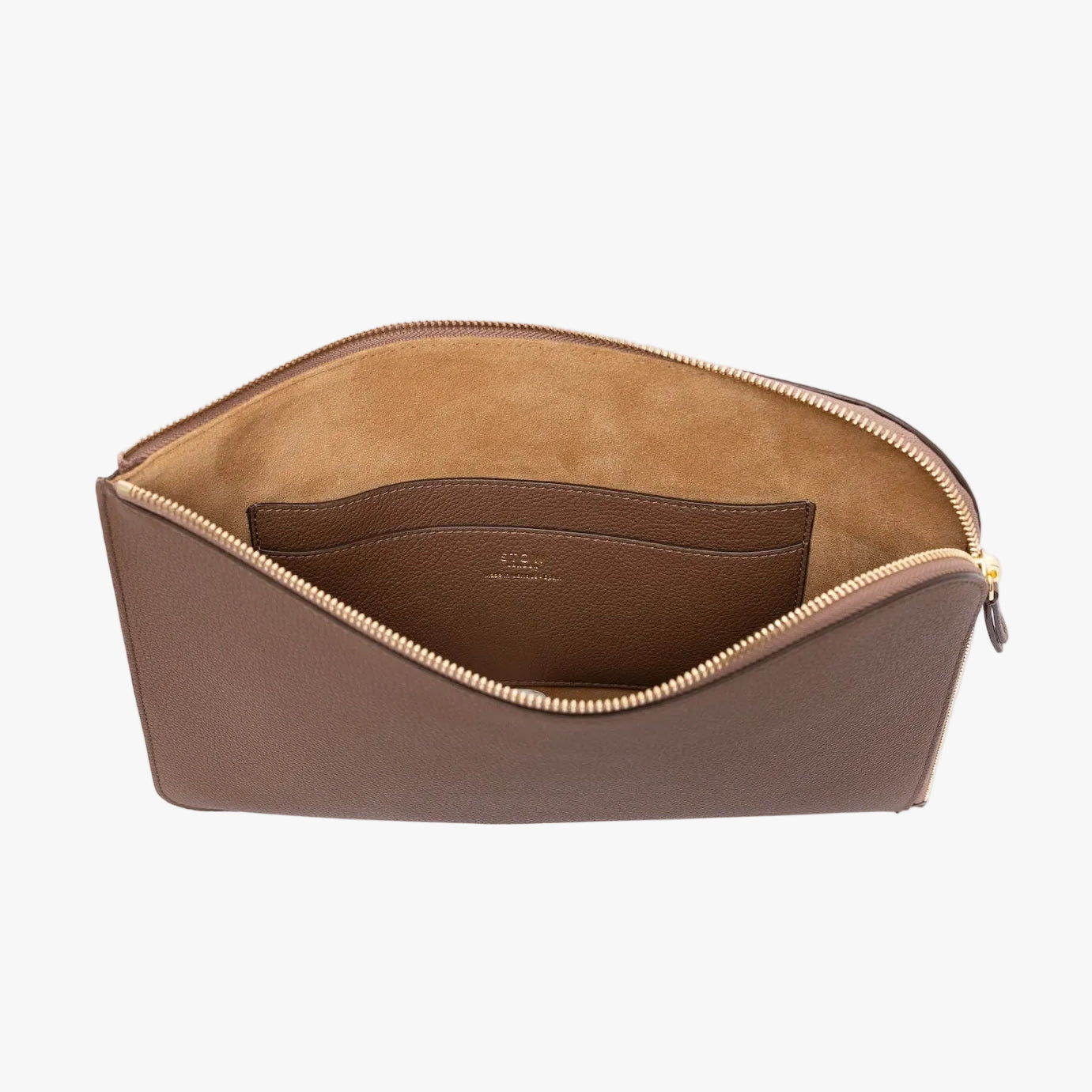 STOW London's Laptop Sleeve in Mocha pebbled leather on a light grey background with zip open showing the velvety suede interior and leather slip pocket
