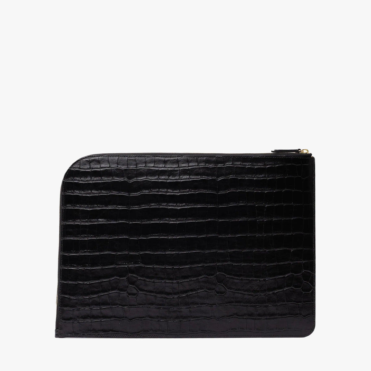 Back panel of STOW London's Leather Sleeve in Black Embossed Croc leather on a light grey background featuring a YKK Natulon Zip